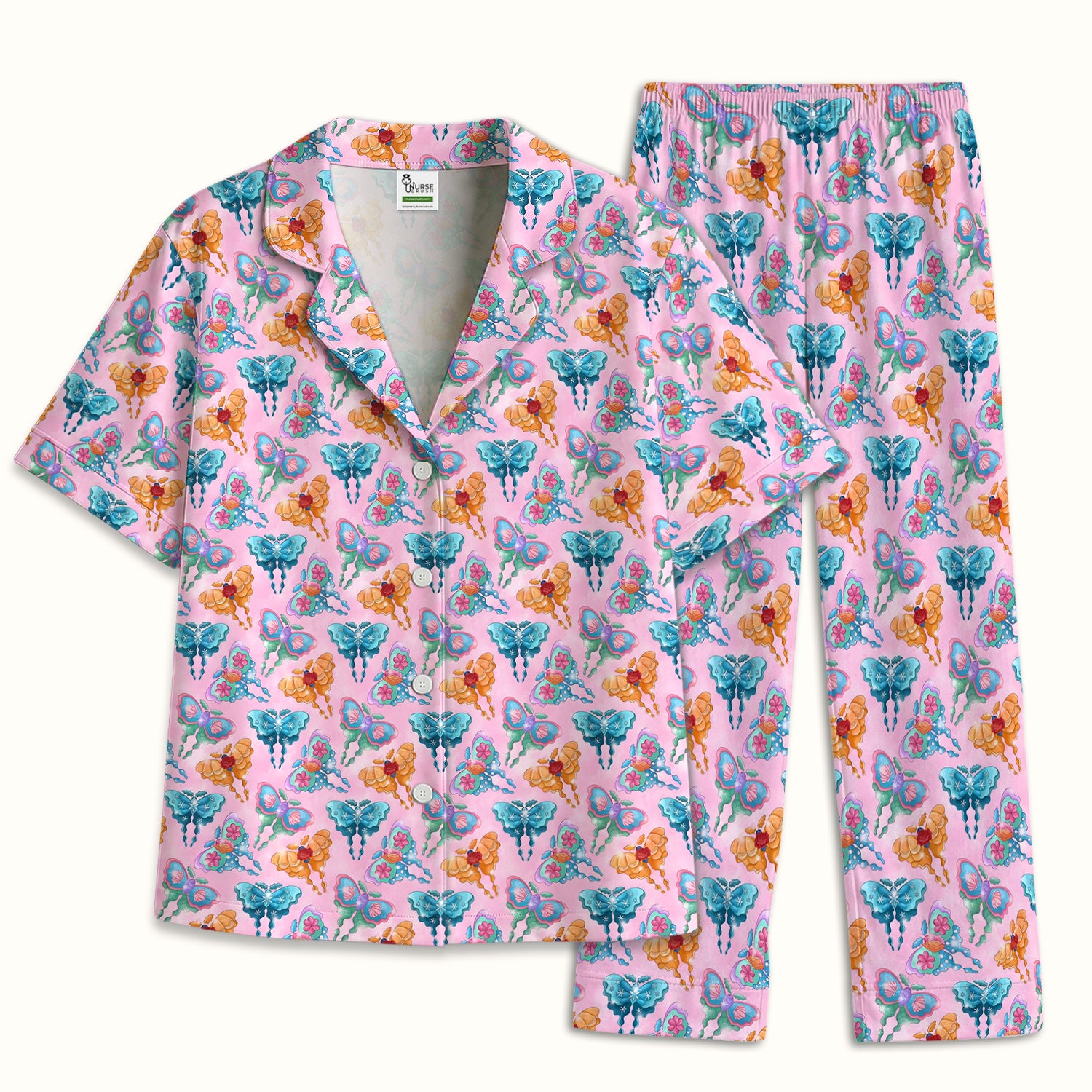 Colorful Butterfly With Floral Blossom Pattern Pajama Set, Soft Breathable Fabric Comfortable Sleepwear