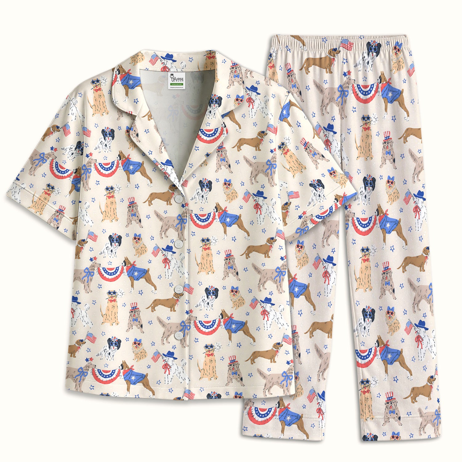 Patriotic Dog Parade Pattern Pajama Set, Soft Breathable Fabric Comfortable Sleepwear