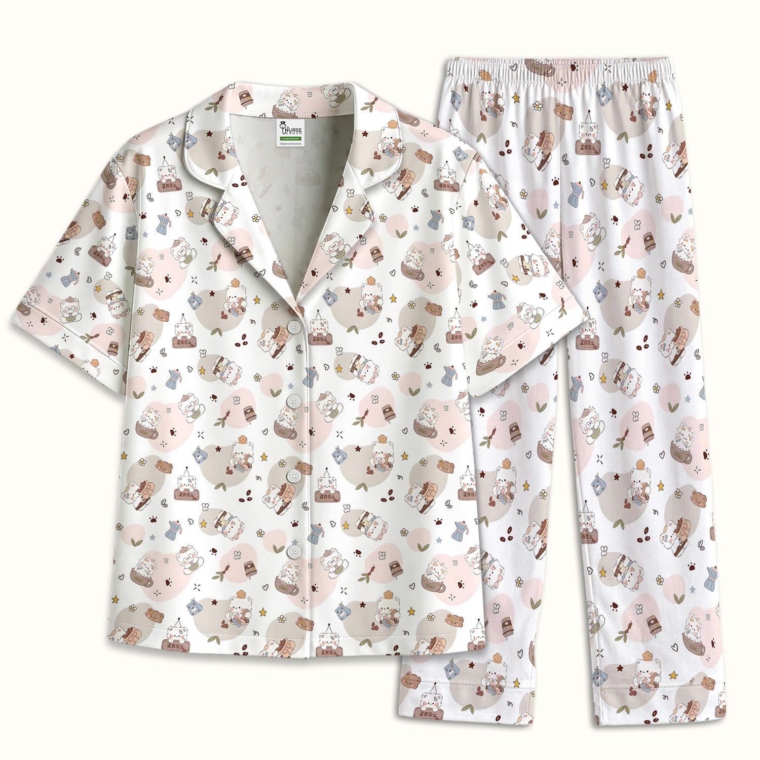 Cute Cat With Coffee Paw Heart Pattern Pajama Set, Soft Breathable Fabric Comfortable Sleepwear