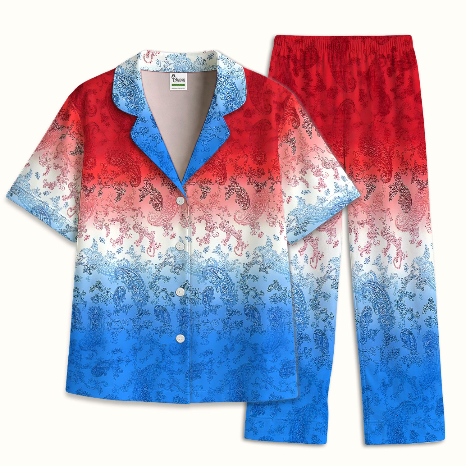 Red Blue Paisley Ombre Pattern Pajama Set, Soft Breathable Fabric Comfortable Sleepwear