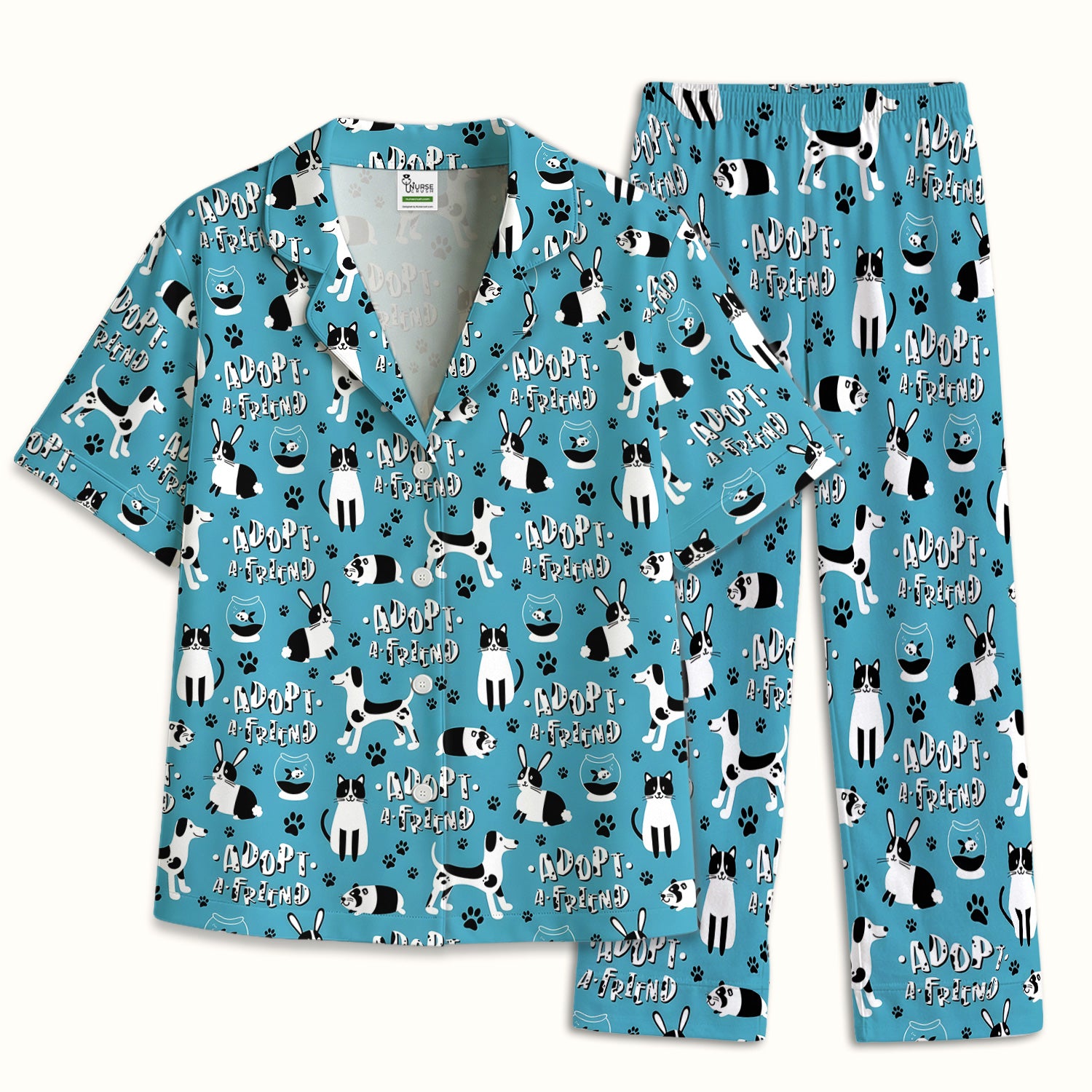Cute Adopt A Friend Pet Pattern Pajama Set, Soft Breathable Fabric Comfortable Sleepwear