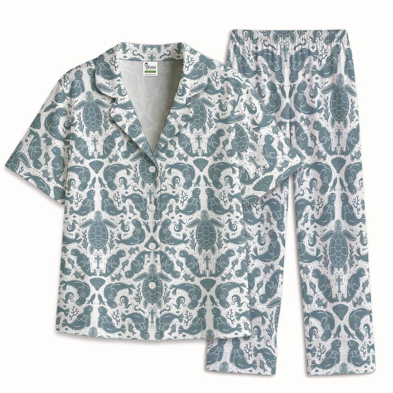 Ocean Sea Marine Life Pattern Pajama Set, Soft Breathable Fabric Comfortable Sleepwear