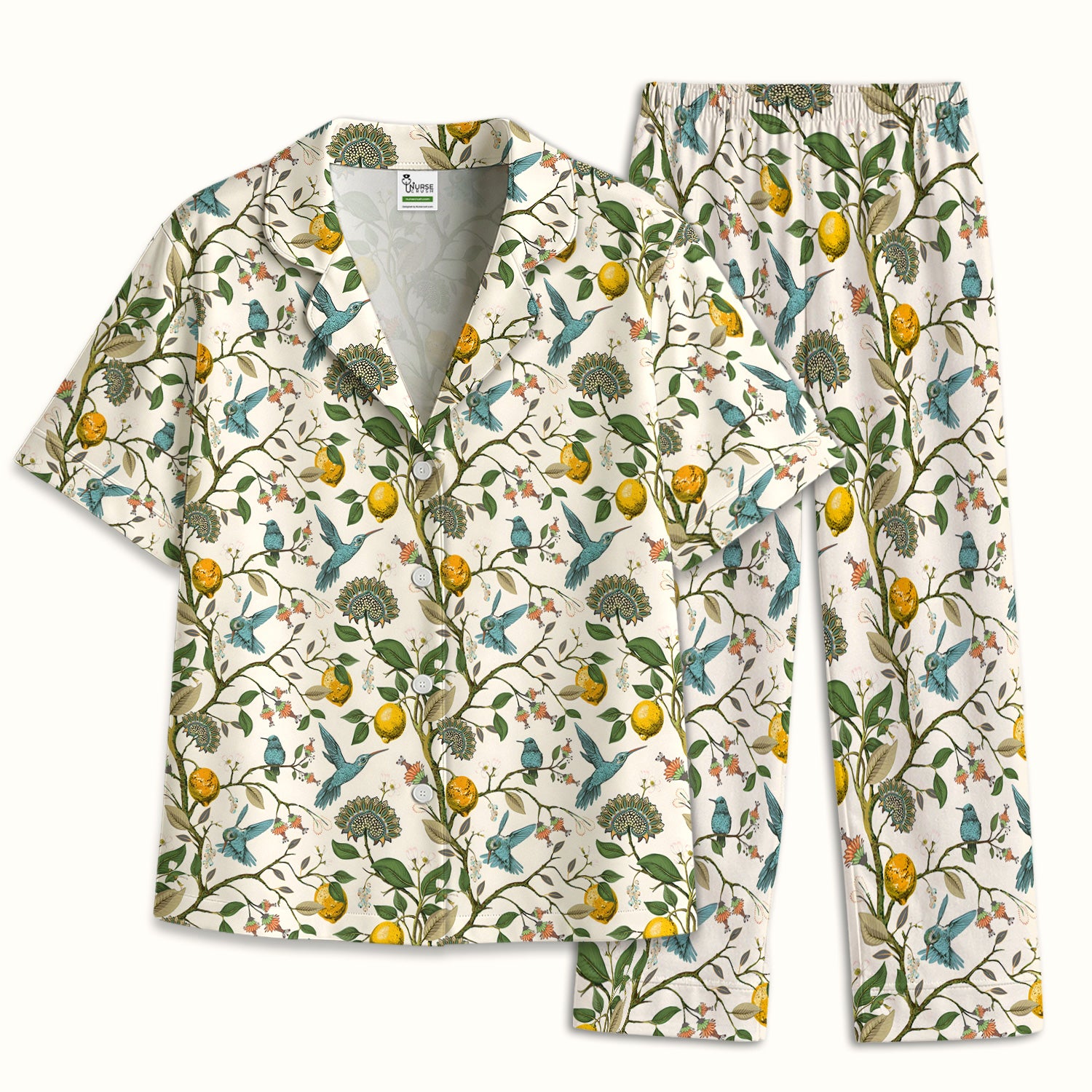 Cute Hummingbird Lemon Floral Pattern Pajama Set, Soft Breathable Fabric Comfortable Sleepwear