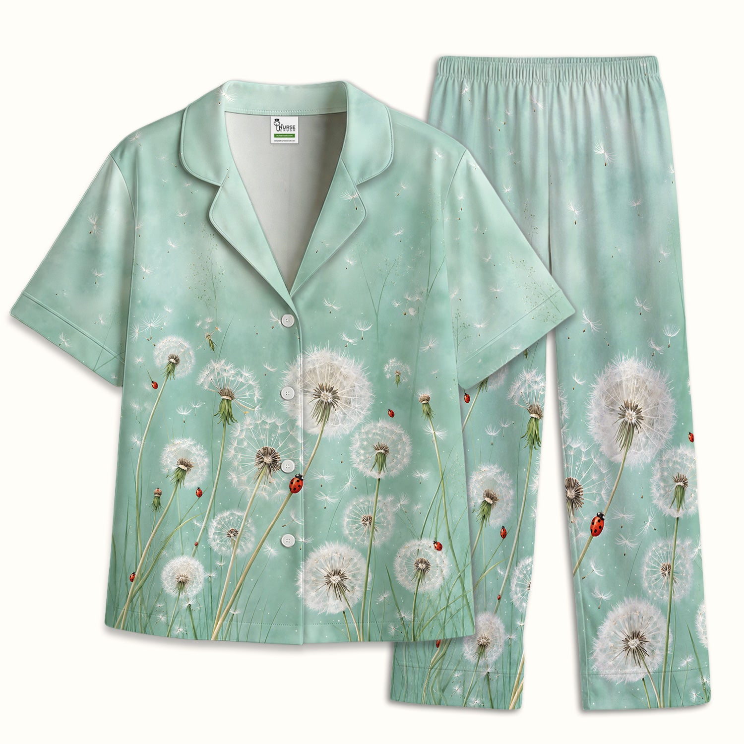 Dandelion Wishes Ladybug Meadow Pattern Pajama Set, Soft Breathable Fabric Comfortable Sleepwear