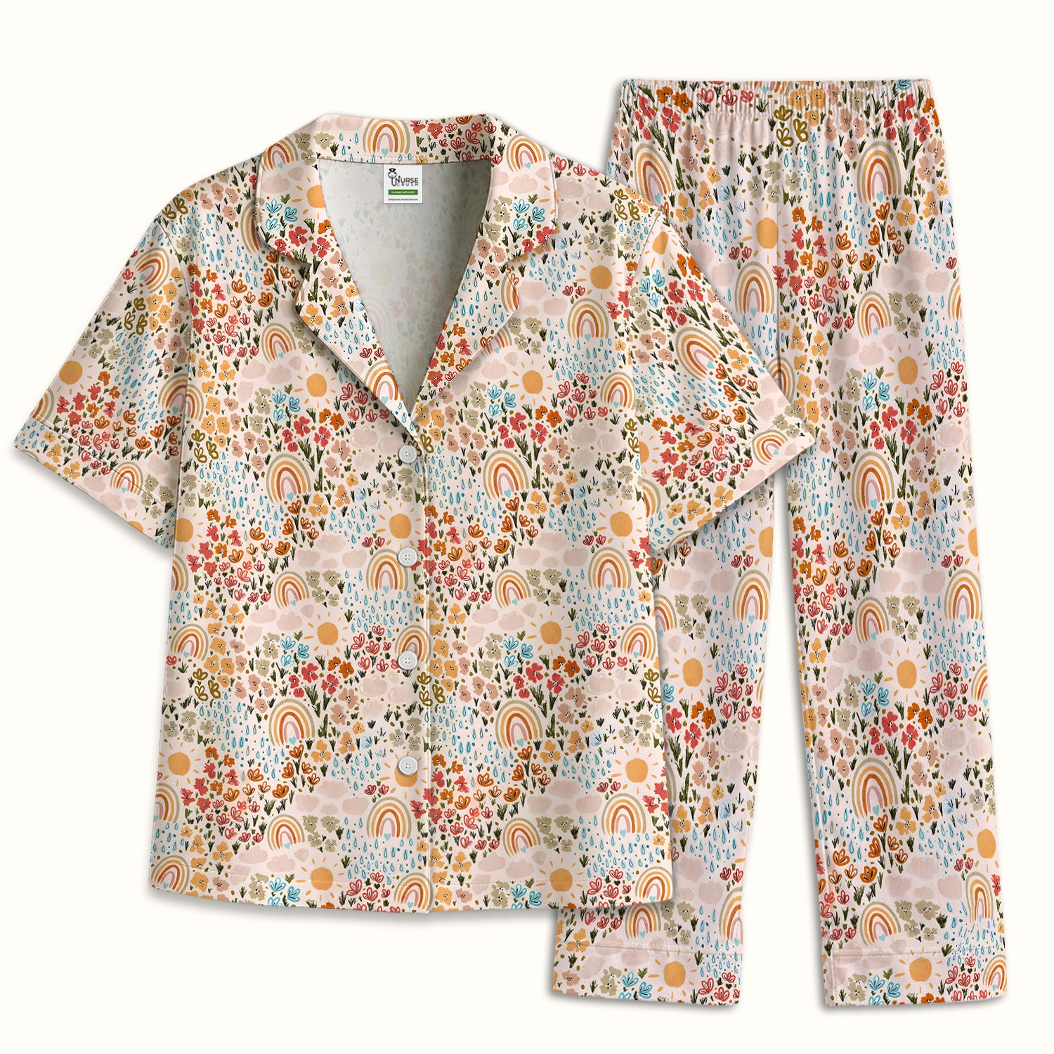 Cute Wildflower Meadow With Rainbow Sun And Raindrops Pajama Set, Soft Breathable Fabric Comfortable Sleepwear