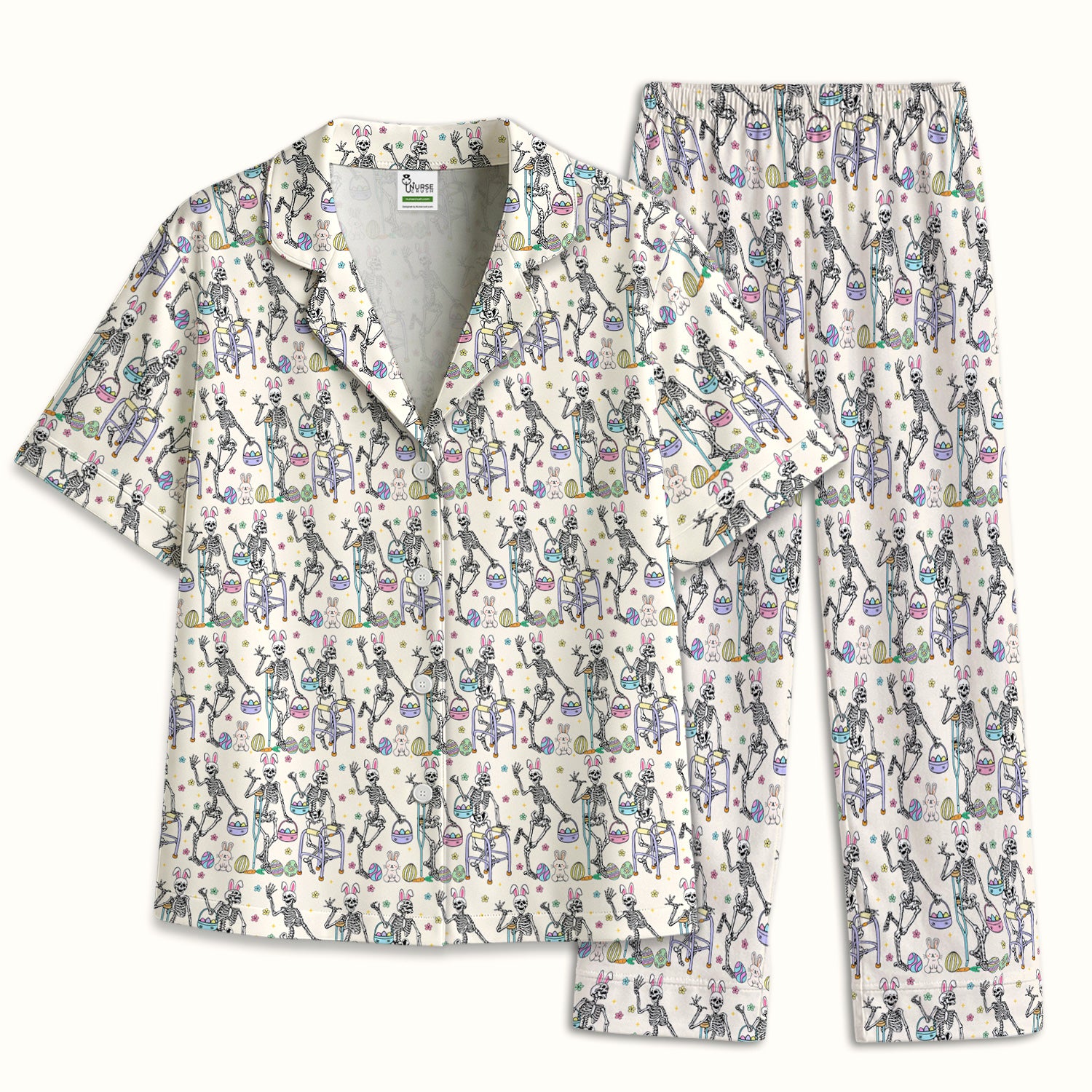Fun Skeleton Bunny Easter Print Pajama Set, Breathable Fabrics Uniform
