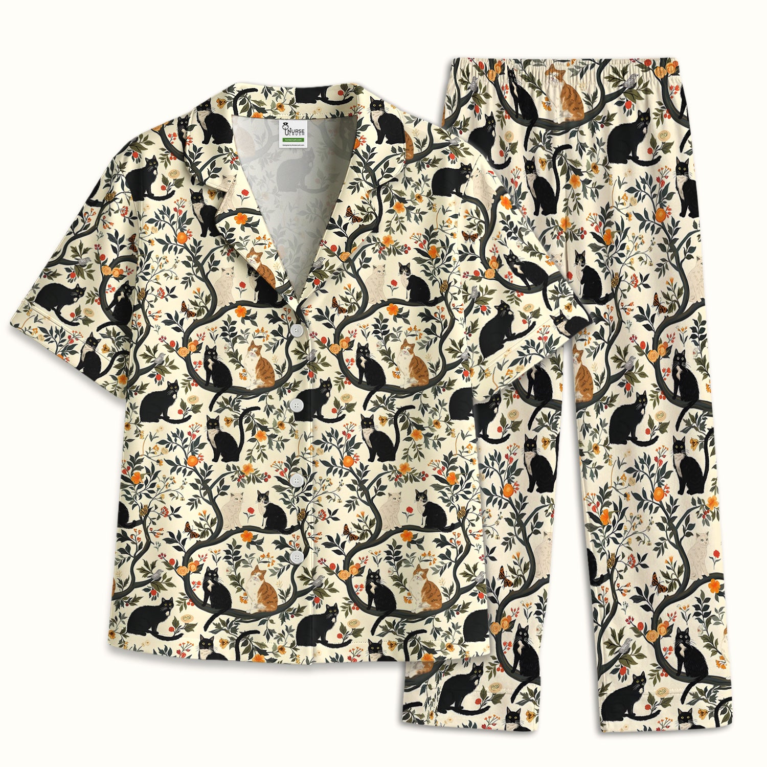 Vintage Black Cat Floral Pattern Pajama Set, Soft Breathable Fabric Comfortable Sleepwear
