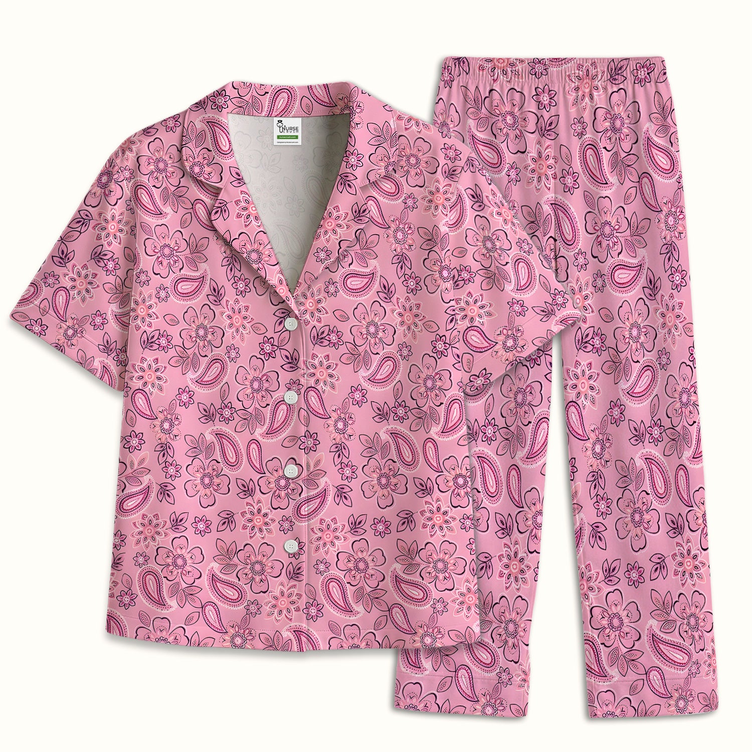 Pink Paisley Floral Nurse Pattern Pajama Set, Soft Breathable Fabric Comfortable Sleepwear