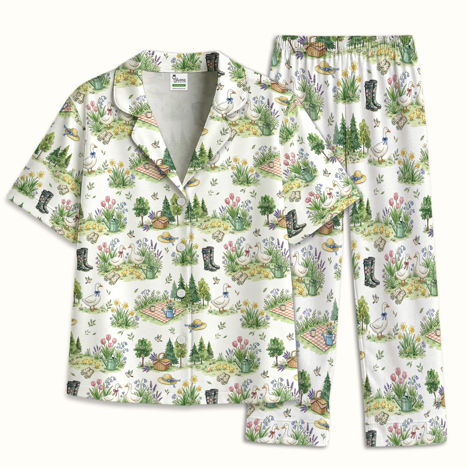 Cute Duck Garden Pattern Pajama Set, Breathable Fabrics Uniform