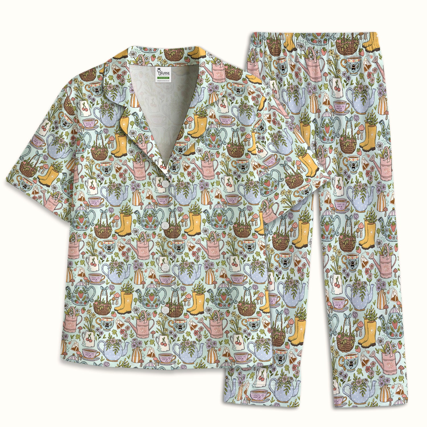 Garden Tea Party Floral Print Pajama Set, Soft Breathable Fabric Comfortable Sleepwear