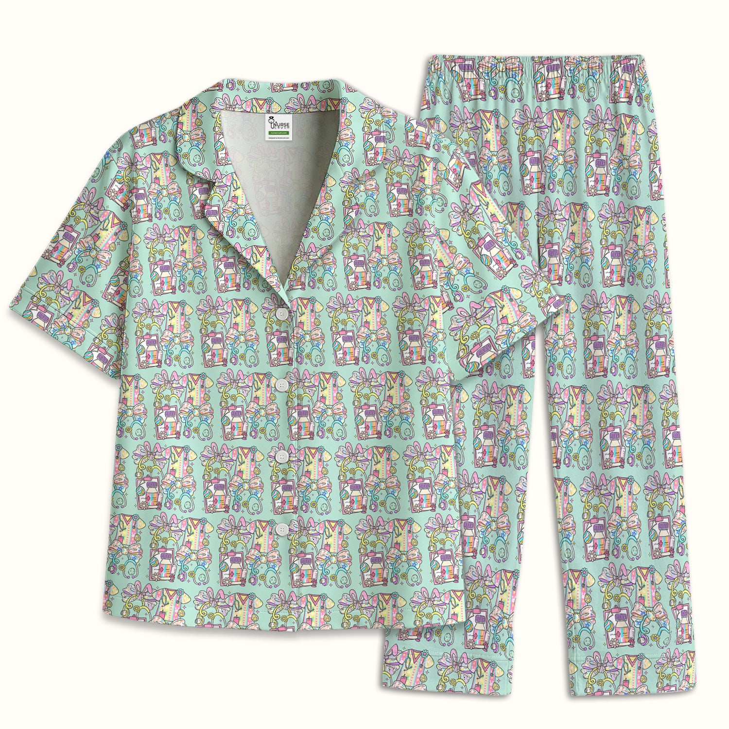 Colorful Nurse Scrub Supplies Pattern Pajama Set, Breathable Fabrics Uniform