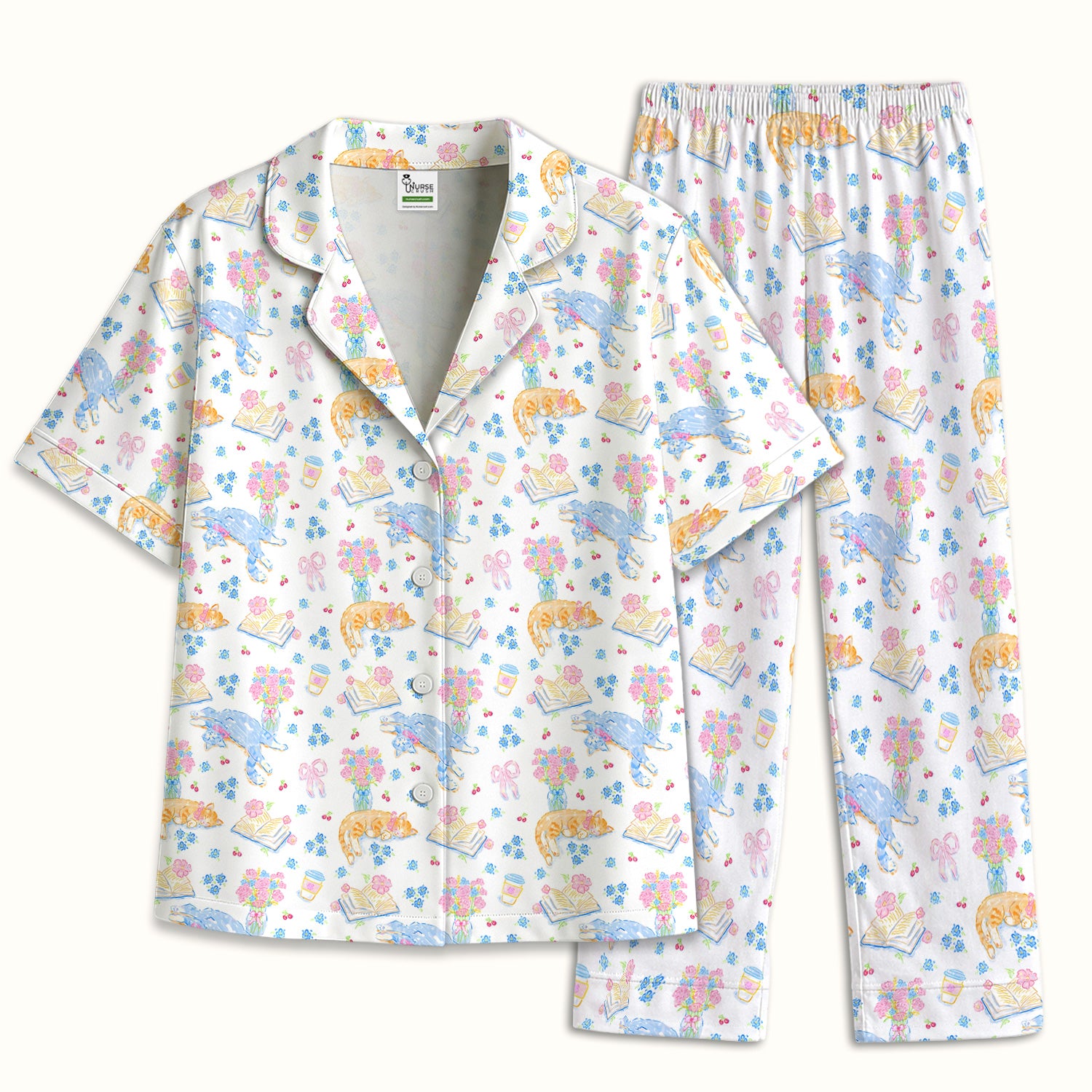 Cute Cats Reading Floral Books Pattern Pajama Set, Soft Breathable Fabric Comfortable Sleepwear