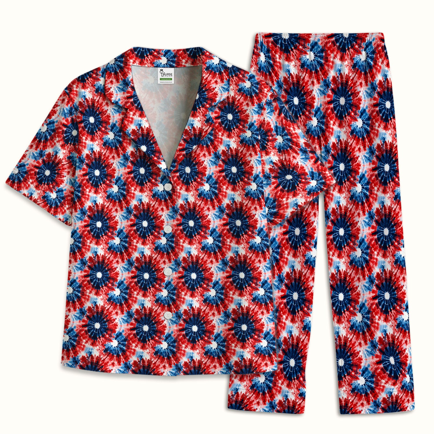 Festive Nurse Tie Dye Firework Burst Pattern Pajama Set, Breathable Fabrics Uniform