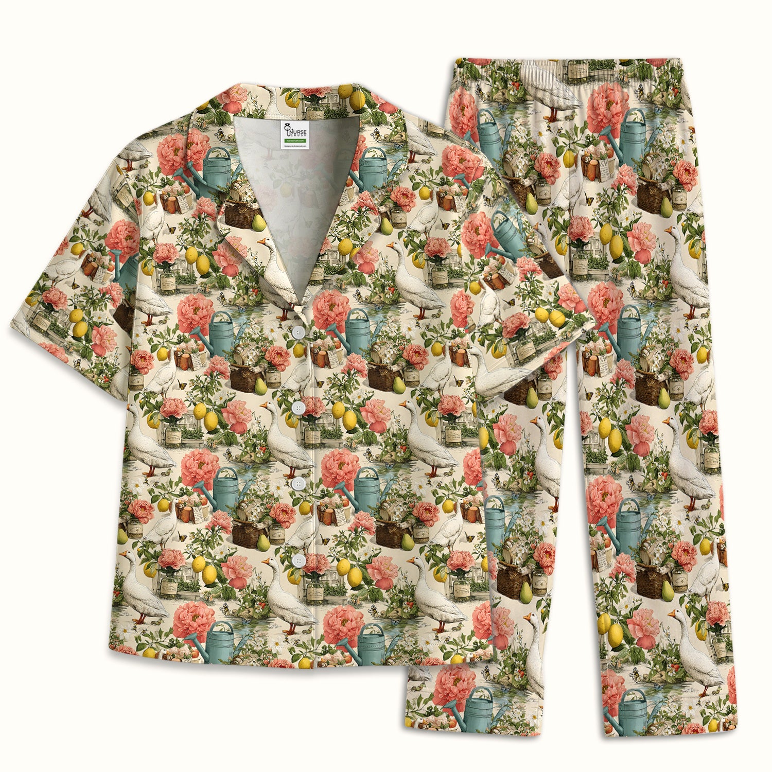 Vintage Goose Garden Floral Pattern Pajama Set, Breathable Fabrics Uniform