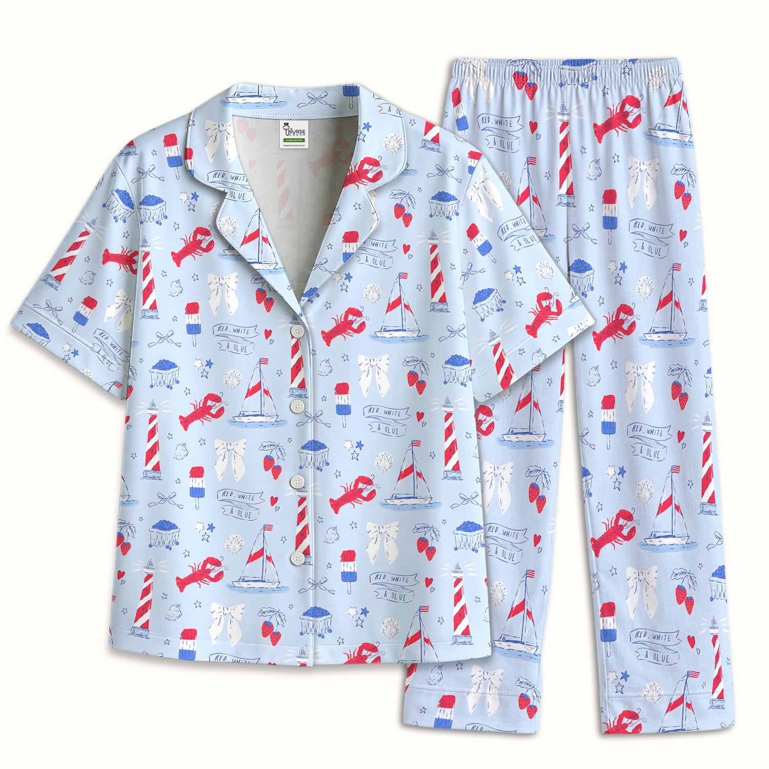 Lobster Lighthouse Sailboat Pattern Pajama Set, Soft Breathable Fabric Comfortable Sleepwear