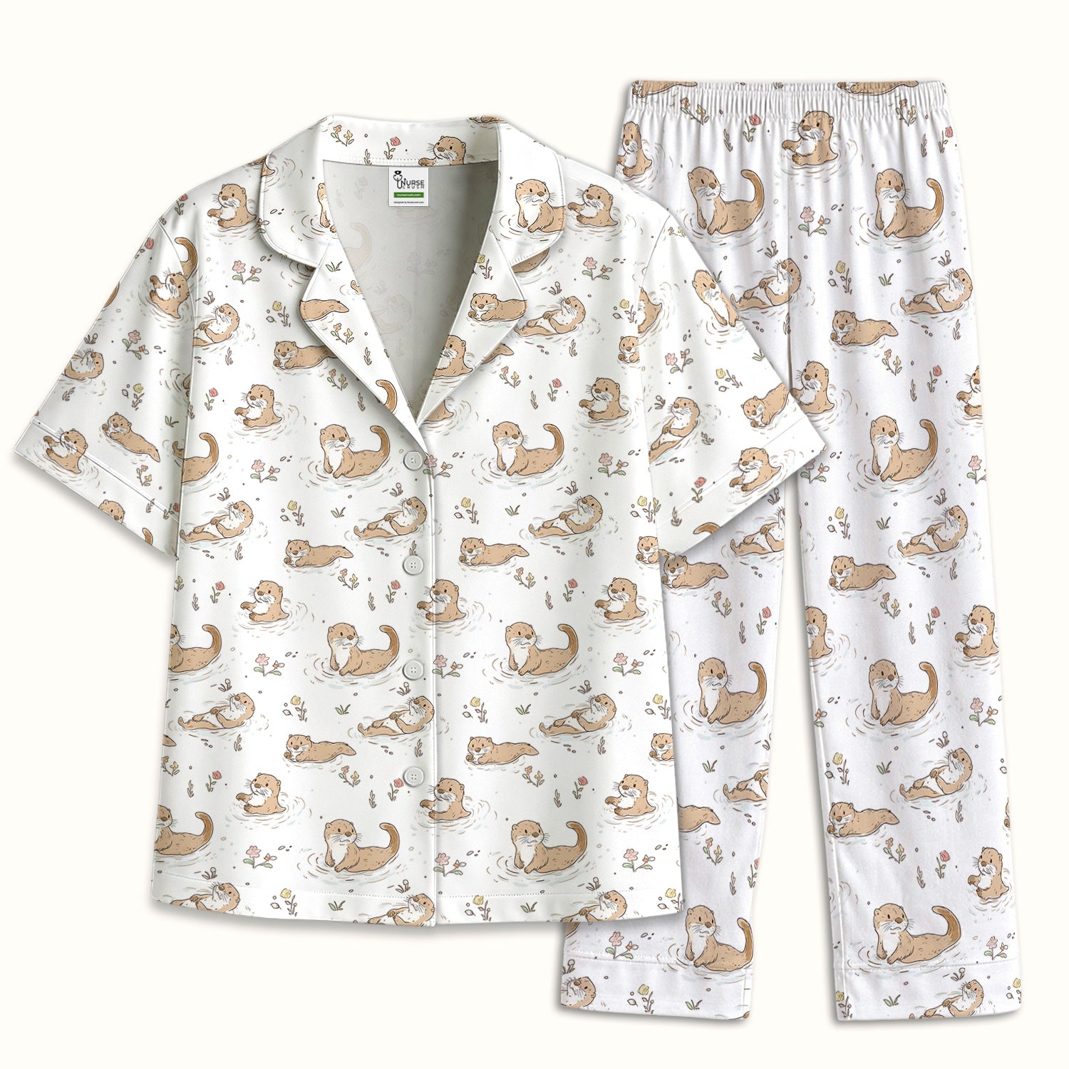 Otter Swimming Floating Water Pattern Pajama Set, Breathable Fabrics Uniform