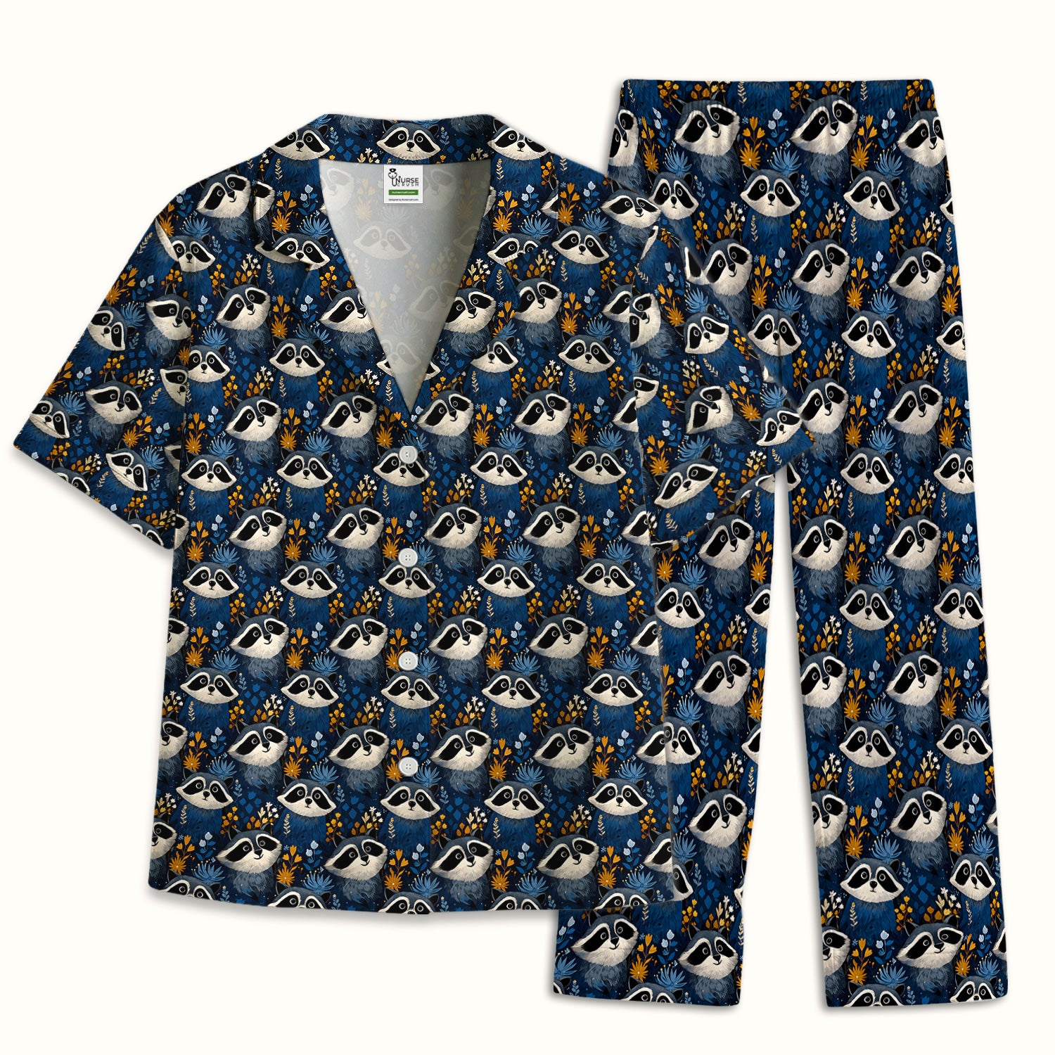 Raccoon With Blue Floral Forest Pattern Pajama Set, Breathable Fabrics Uniform