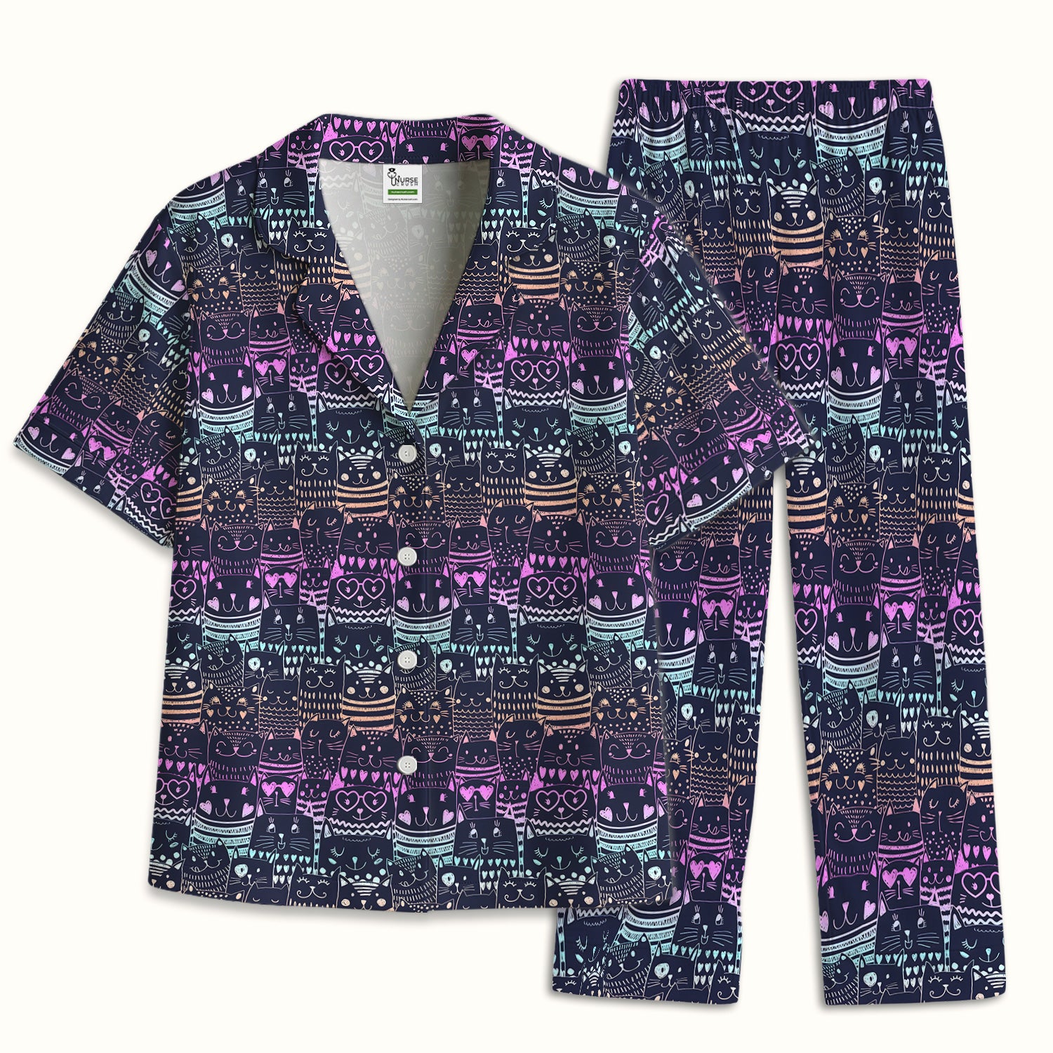 Cute Neon Cat Faces Pattern Pajama Set, Soft Breathable Fabric Comfortable Sleepwear