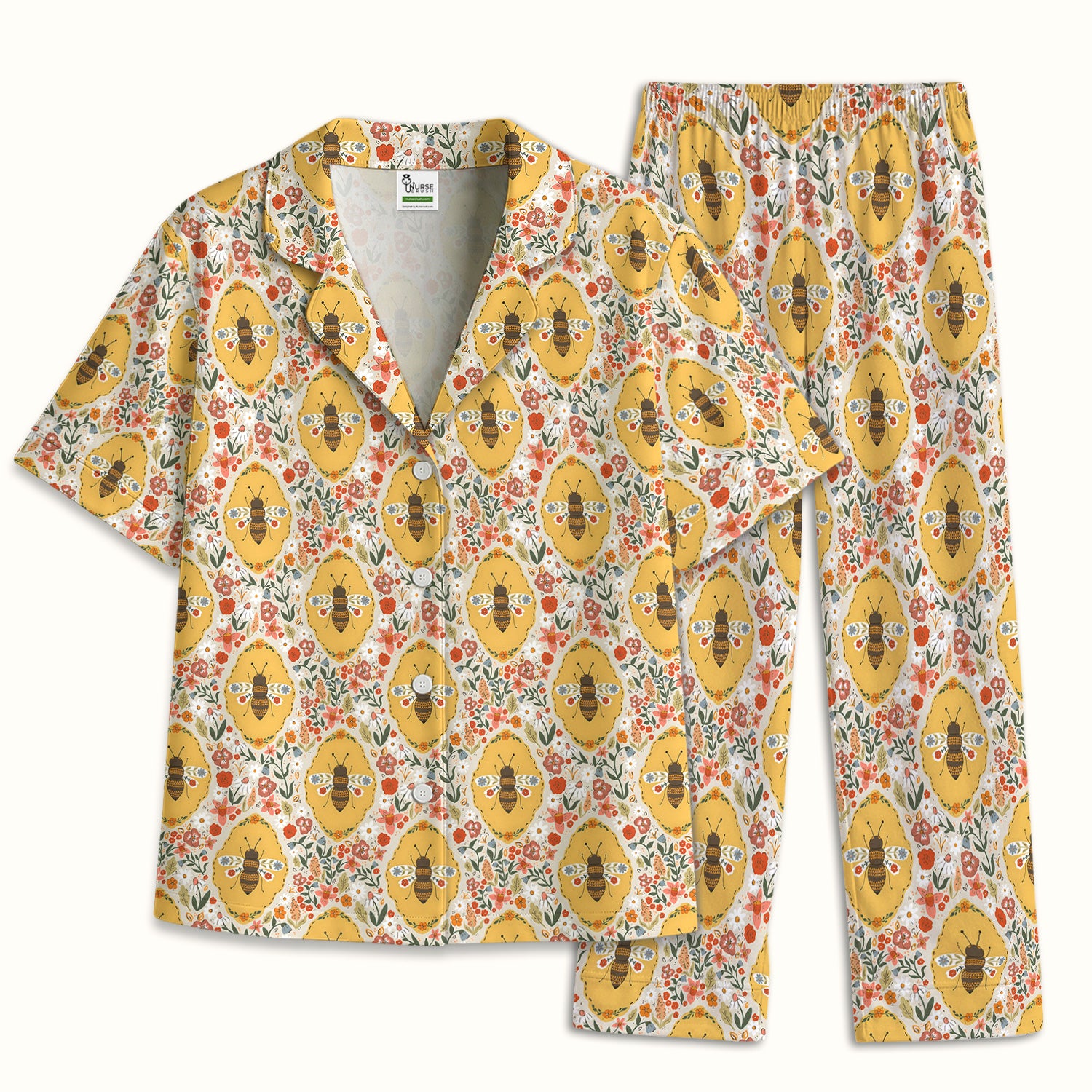 Vintage Honeybee Floral Garden Pattern Nurse Pajama Set, Soft Breathable Fabric Comfortable Sleepwear