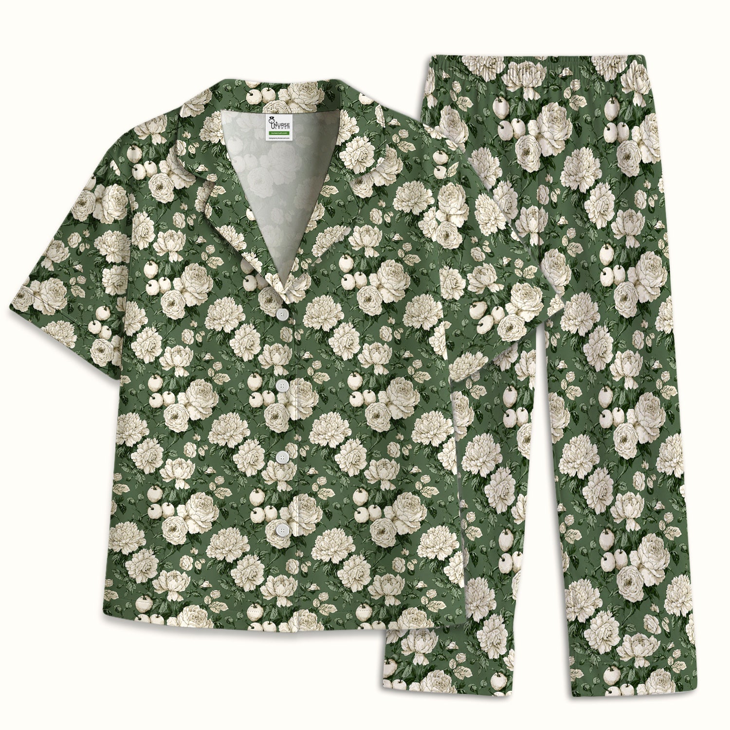 Elegant White Rose Garden Pattern Pajama Set, Soft Breathable Fabric Comfortable Sleepwear