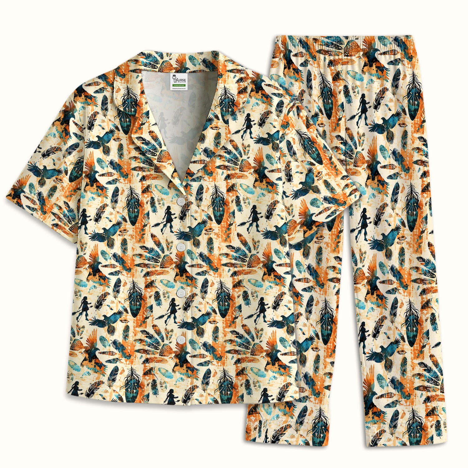 Feather Birds Tribal Print Pajama Set, Soft Breathable Fabric Comfortable Sleepwear