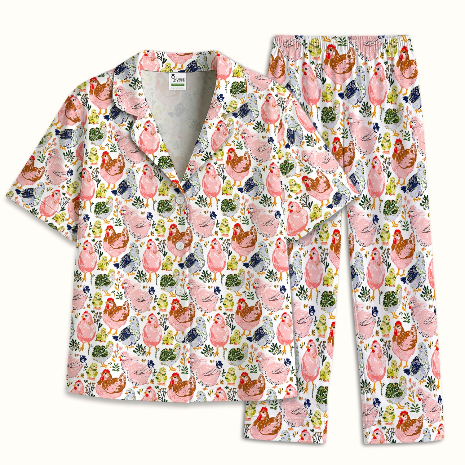 Cute Farm Chicken Hen Chick Pattern Pajama Set, Soft Breathable Fabric Comfortable Sleepwear
