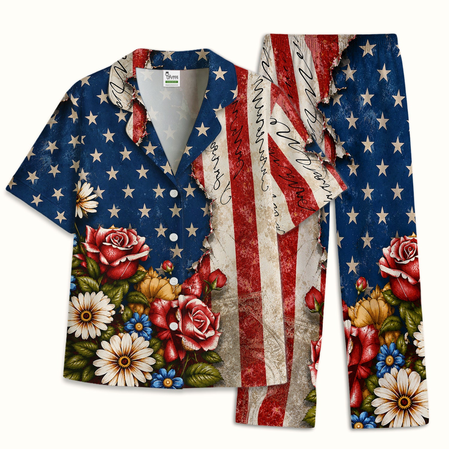 American Flag Vintage Rose Floral Pattern Pajama Set, Soft Breathable Fabric Comfortable Sleepwear