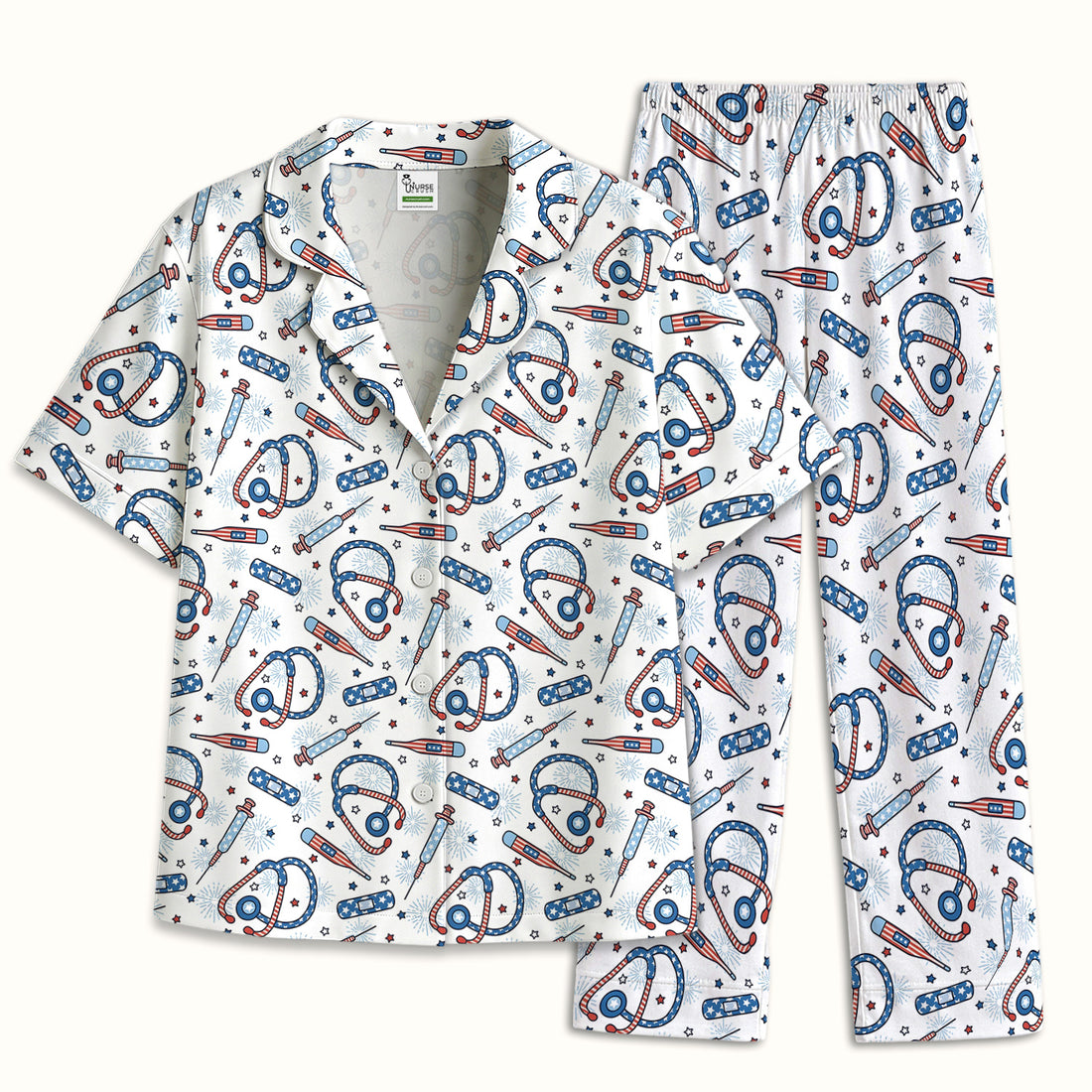 Funny Patriotic Stethoscope Bandage Nurse Pattern Pajama Set, Soft Breathable Fabric Comfortable Sleepwear