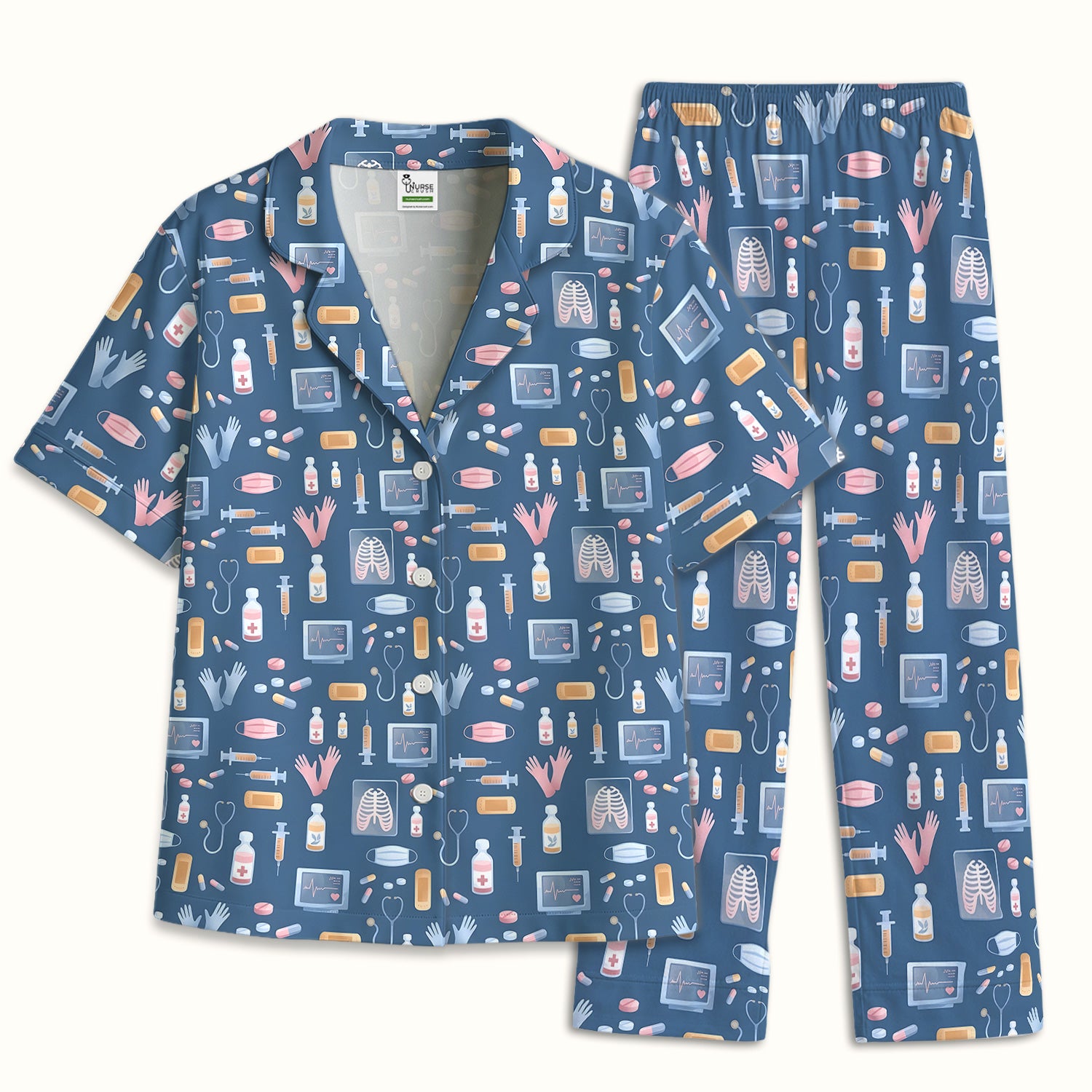 Medical Tools Gloves Syringe Pill Monitor Pattern Pajama Set,  Breathable Fabrics Uniform