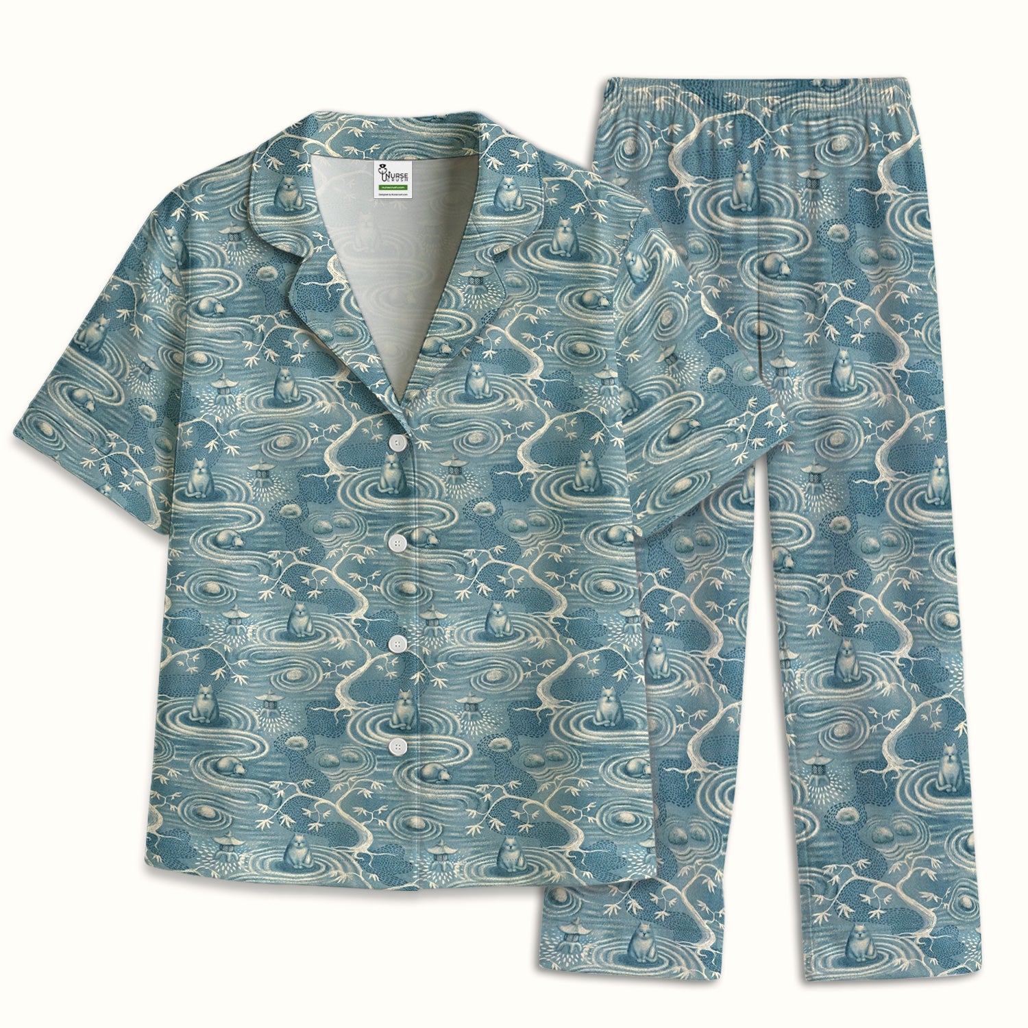 Zen Cat Water Garden Pattern Pajama Set, Breathable Fabrics Uniform