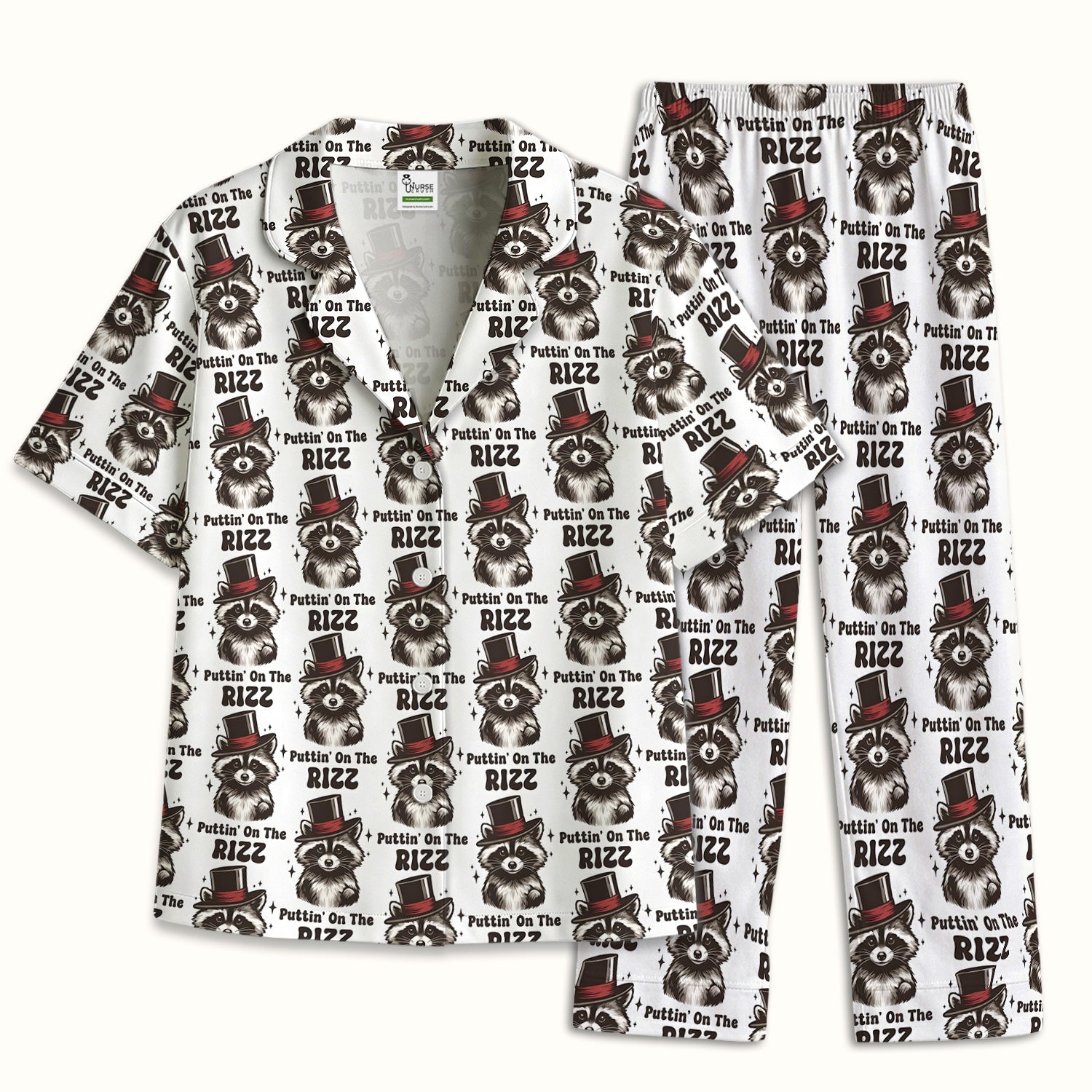 Raccoon Wearing Top Hat Puttin On The Rizz Pajama Set, Breathable Fabrics Uniform