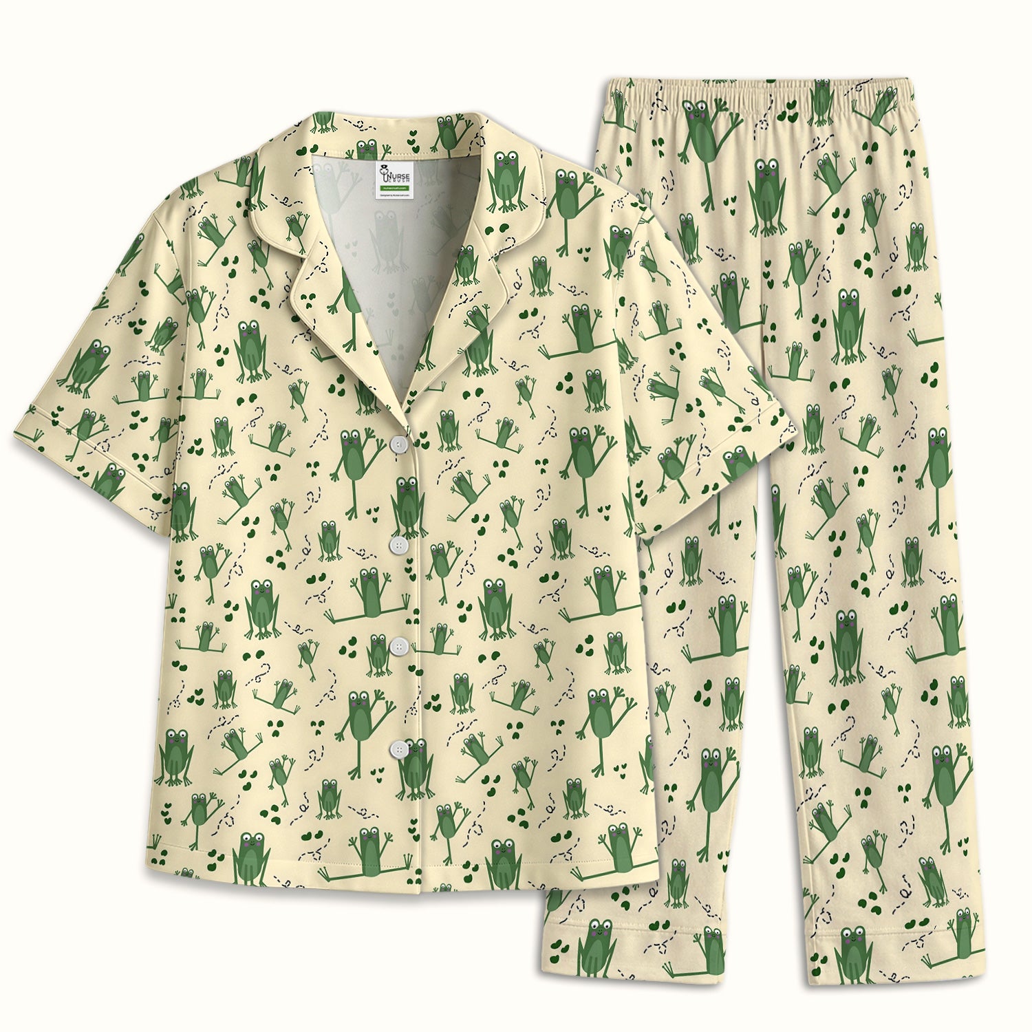 Frog Jumping Footprint Trail Pattern Pajama Set, Breathable Fabrics Uniform