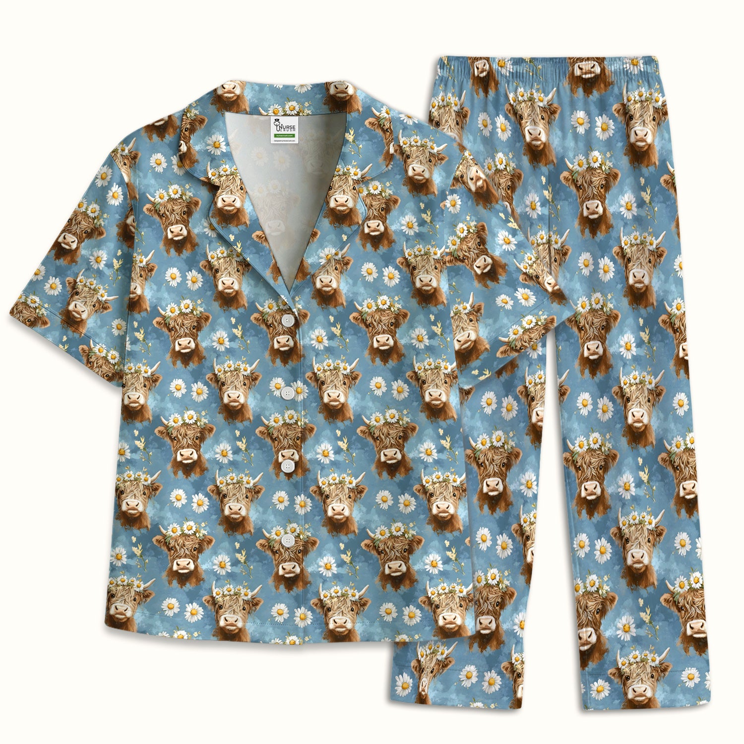 Highland Cow Daisy Flower Pattern Pajama Set, Soft Breathable Fabric Comfortable Sleepwear