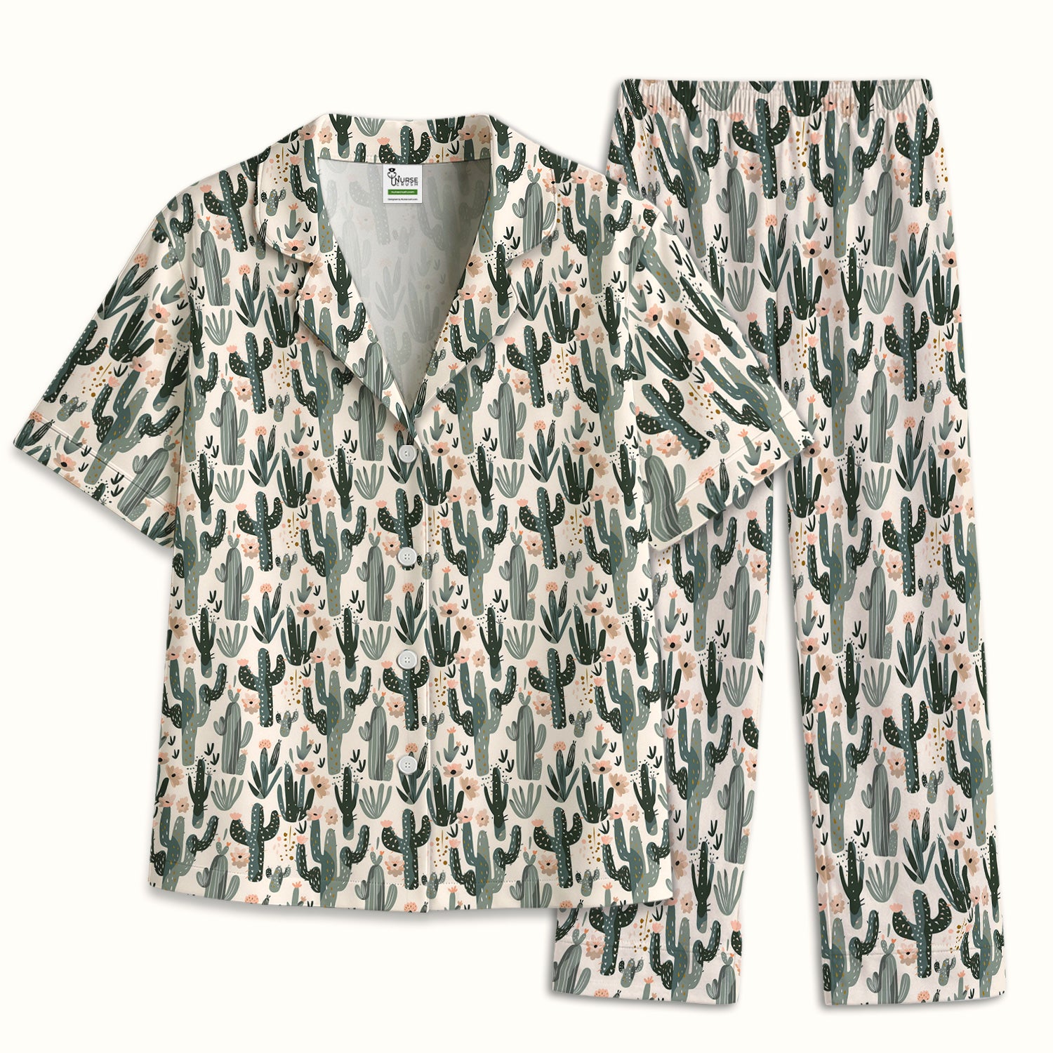 Green Cactus Desert Blossom Pattern Pajama Set, Soft Breathable Fabric Comfortable Sleepwear