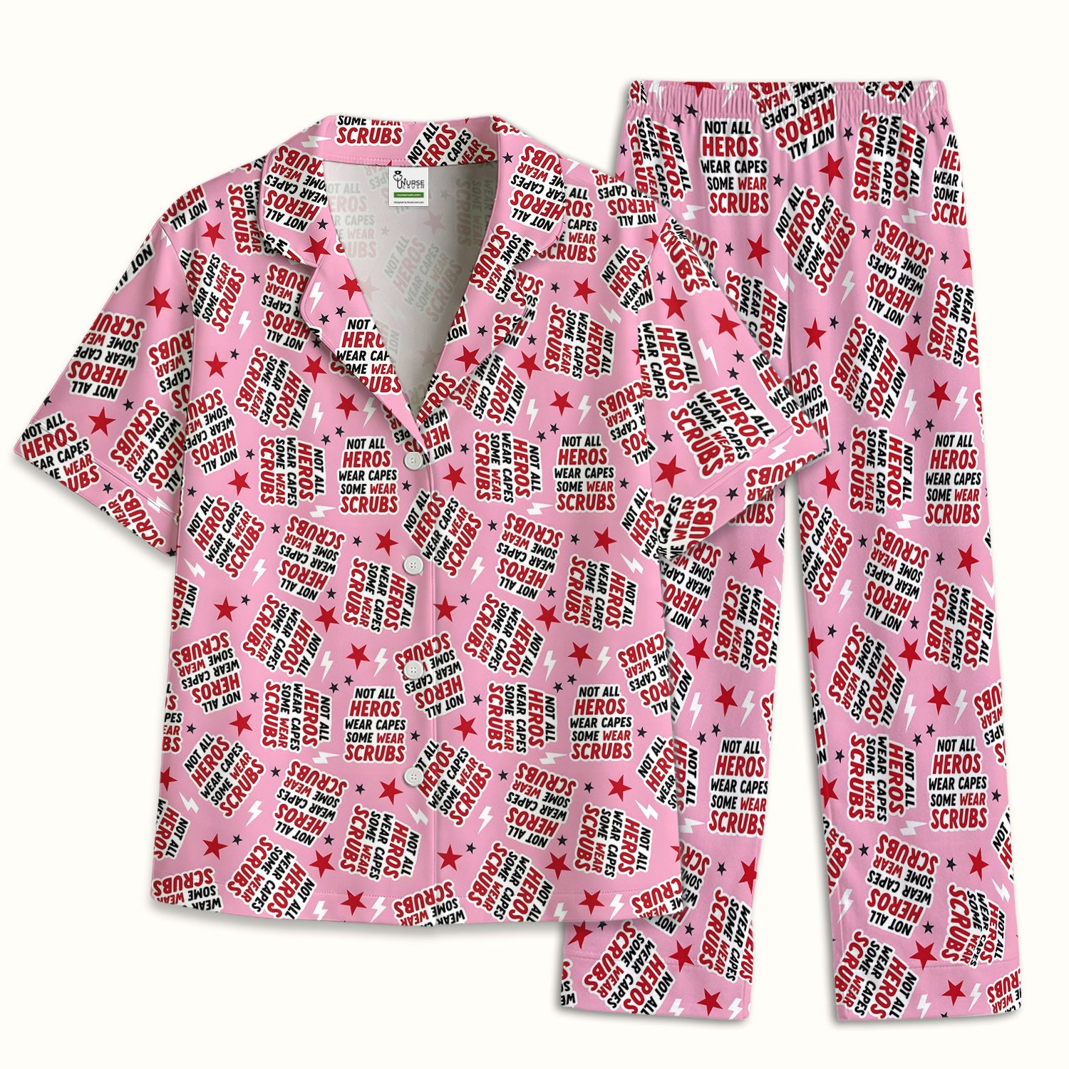 Not All Heroes Wear Scrubs Quote Stars Lightning Pattern Pajama Set, Breathable Fabrics Uniform