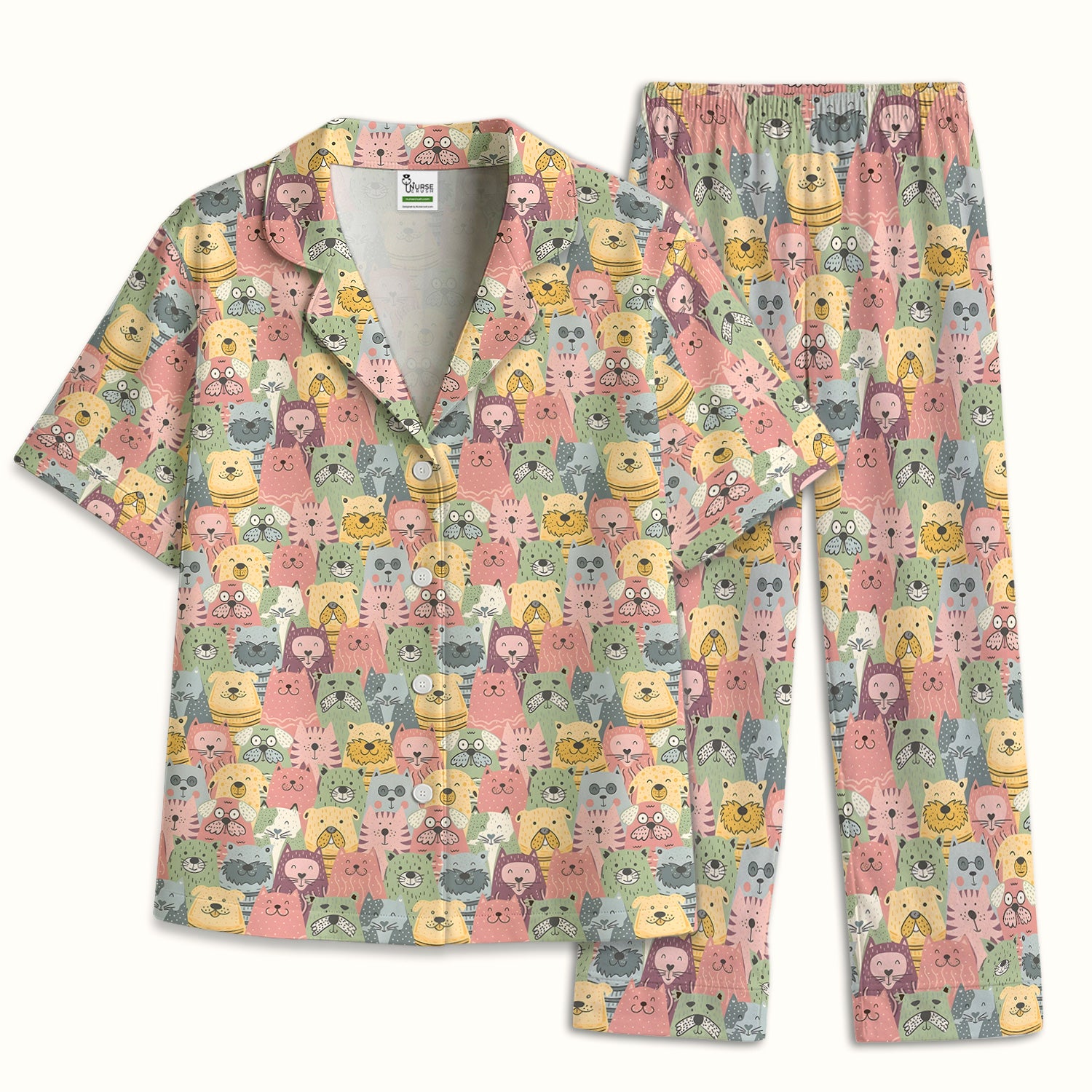 Cartoon Cat & Dog Faces Pattern Pajama Set, Breathable Fabrics Uniform