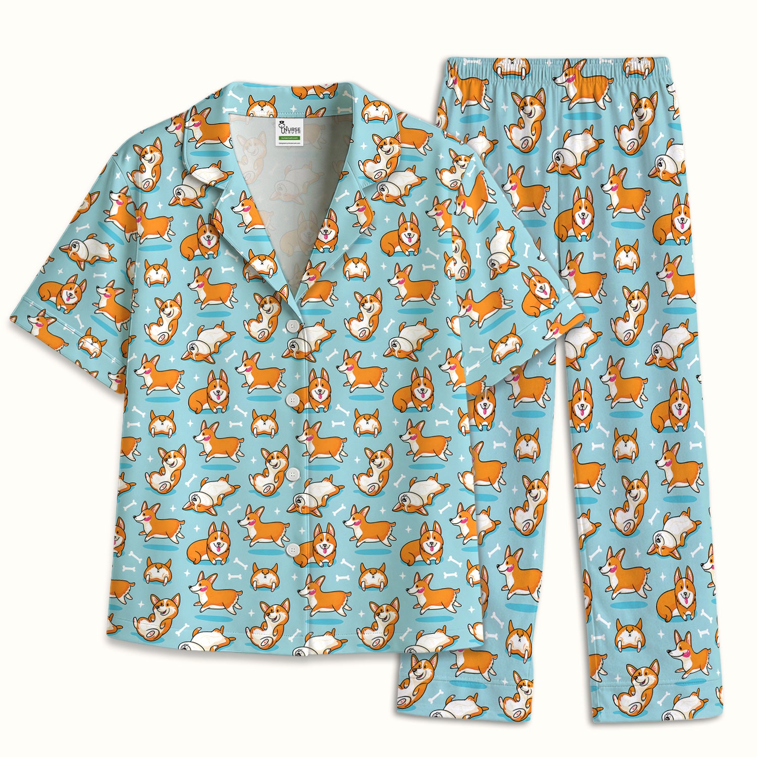 Corgi Dog Playing Rolling Bone Pattern Pajama Set, Breathable Fabrics Uniform