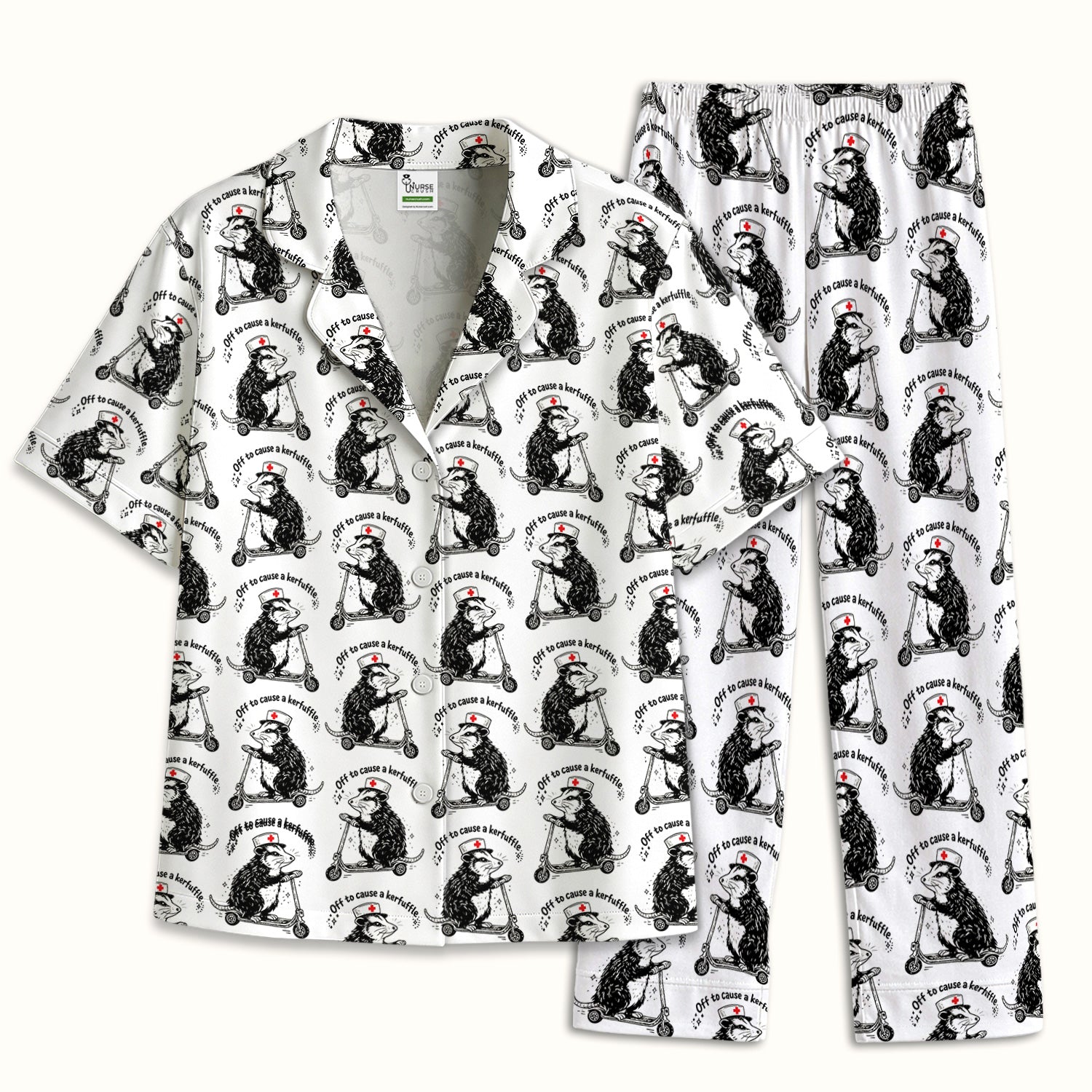 Funny Opossum Nurse Riding Scooter Pattern Pajama Set, Soft Breathable Fabric Comfortable Sleepwear