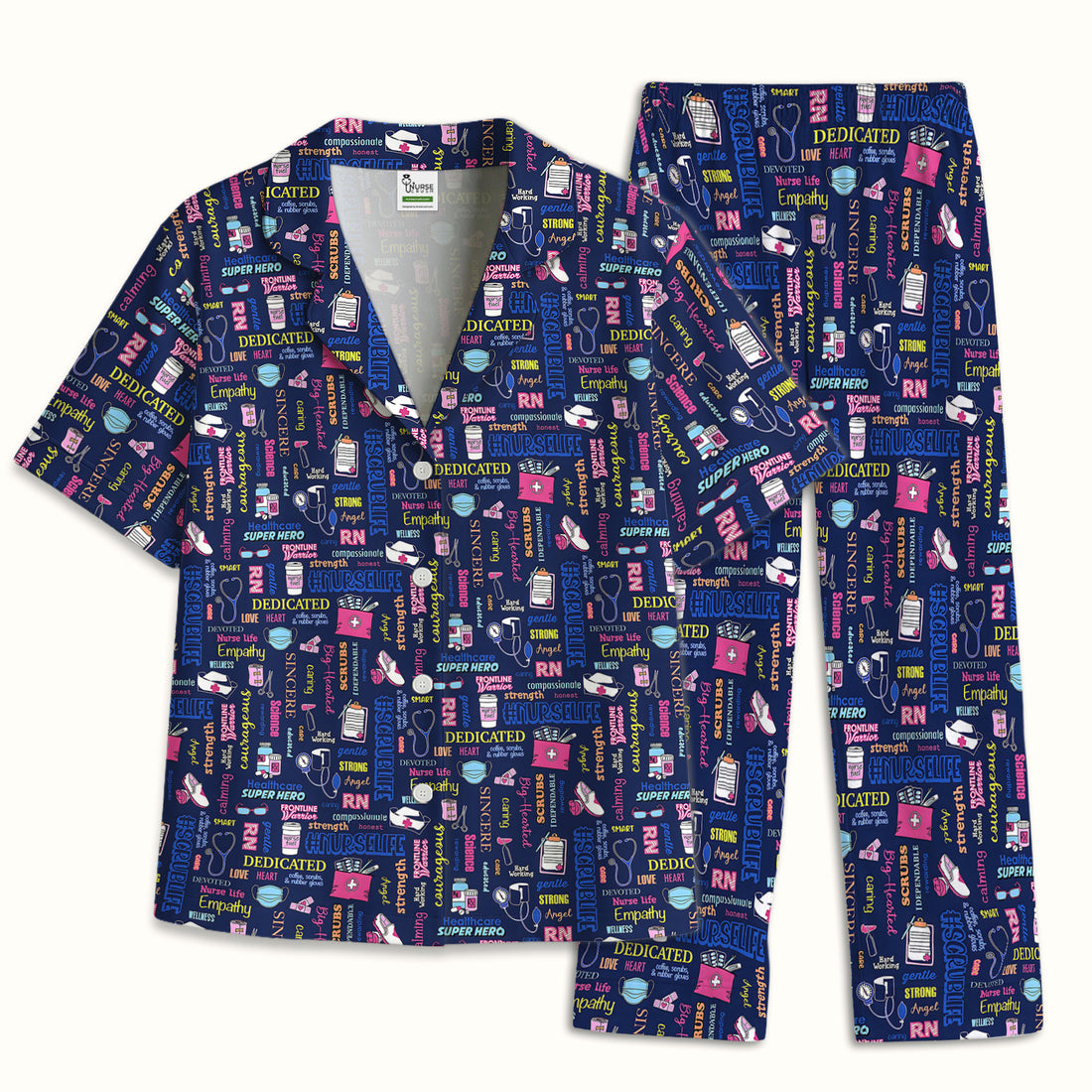 Colorful Nurse Life Typography Print Pajama Set, Soft Breathable Fabric Comfortable Sleepwear