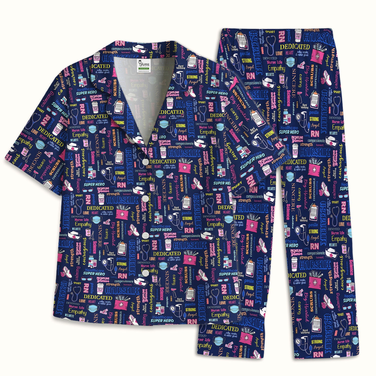 Colorful Nurse Life Typography Print Pajama Set, Soft Breathable Fabric Comfortable Sleepwear
