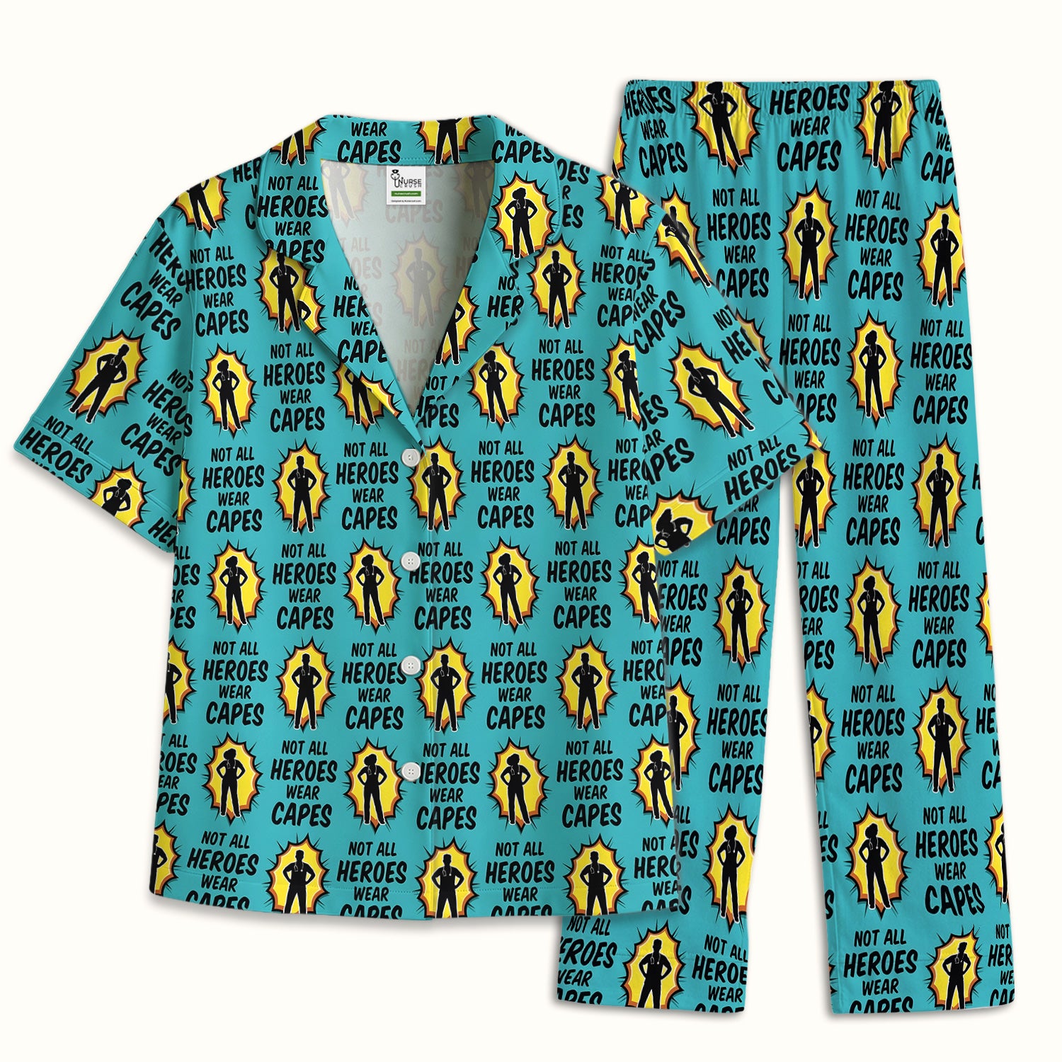 Not All Heroes Wear Capes Nurse Pattern Pajama Set, Breathable Fabrics Uniform
