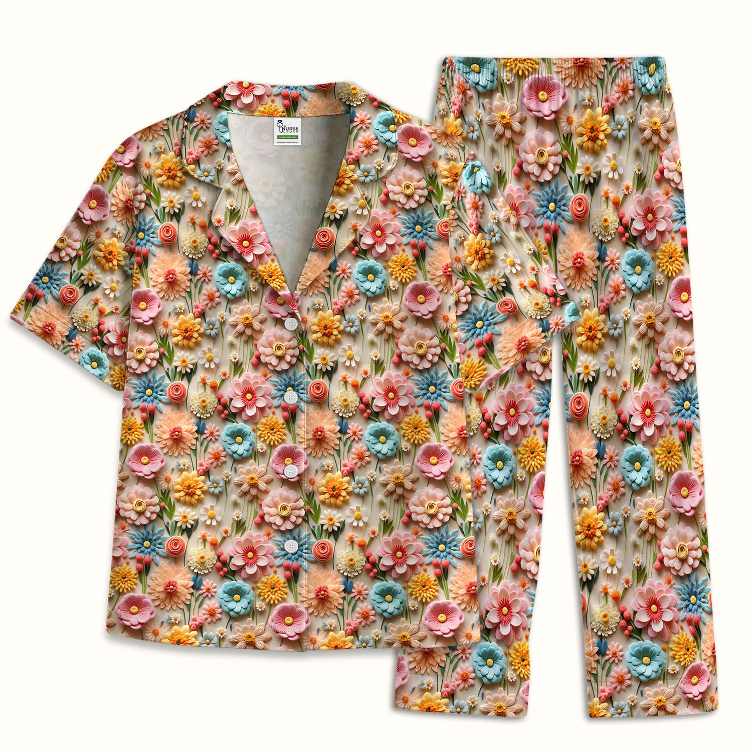 Colorful Blooming Wildflower Pattern Pajama Set, Soft Breathable Fabric Comfortable Sleepwear