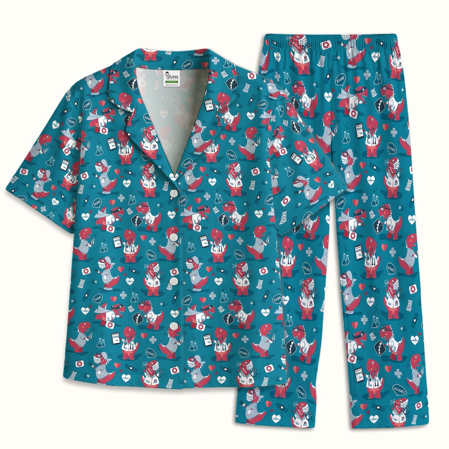 Cute Dinosaur Doctor Medical Pattern Pajama Set, Breathable Fabrics Uniform