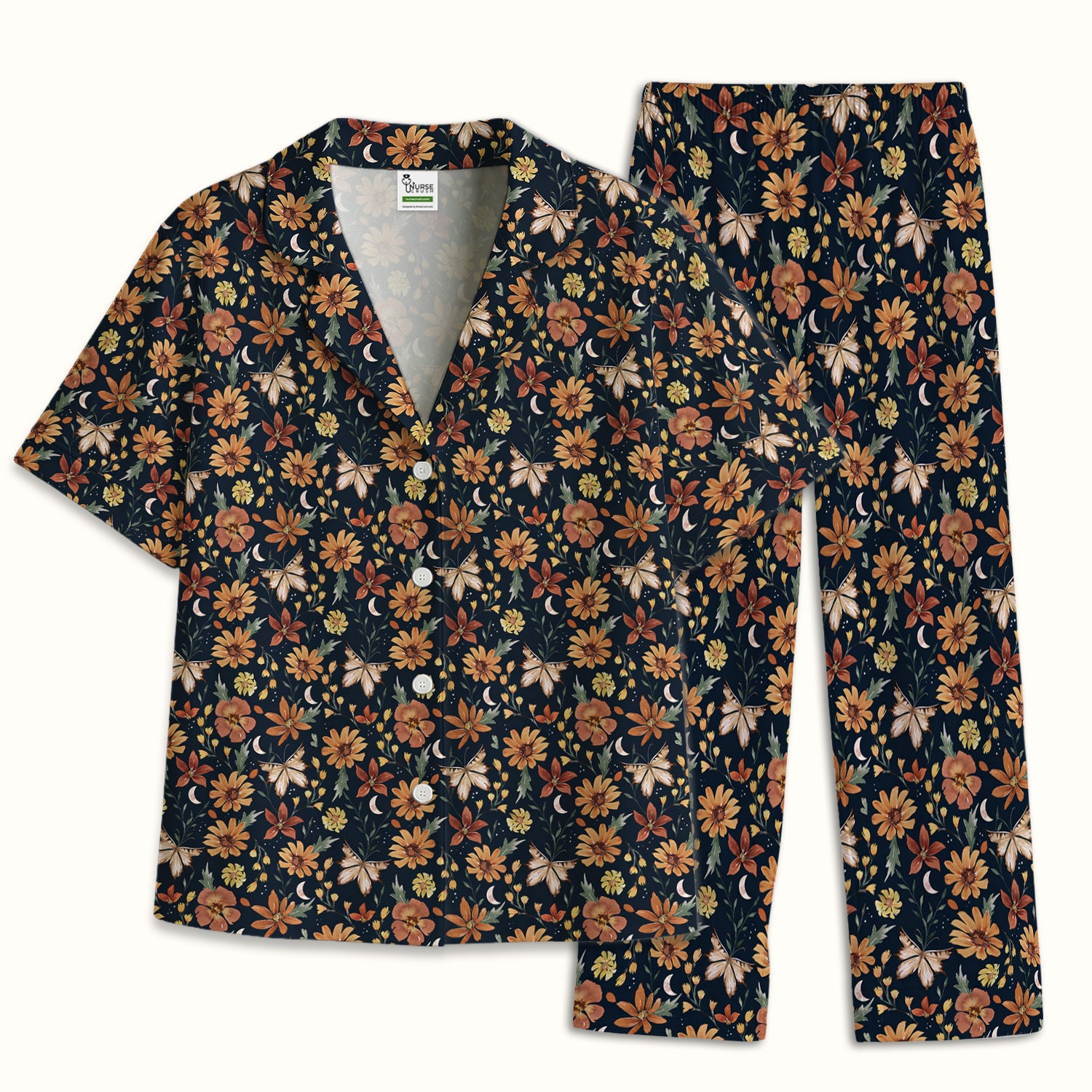 Charming Autumn Floral Butterfly Moon Pattern Pajama Set, Soft Breathable Fabric Comfortable Sleepwear