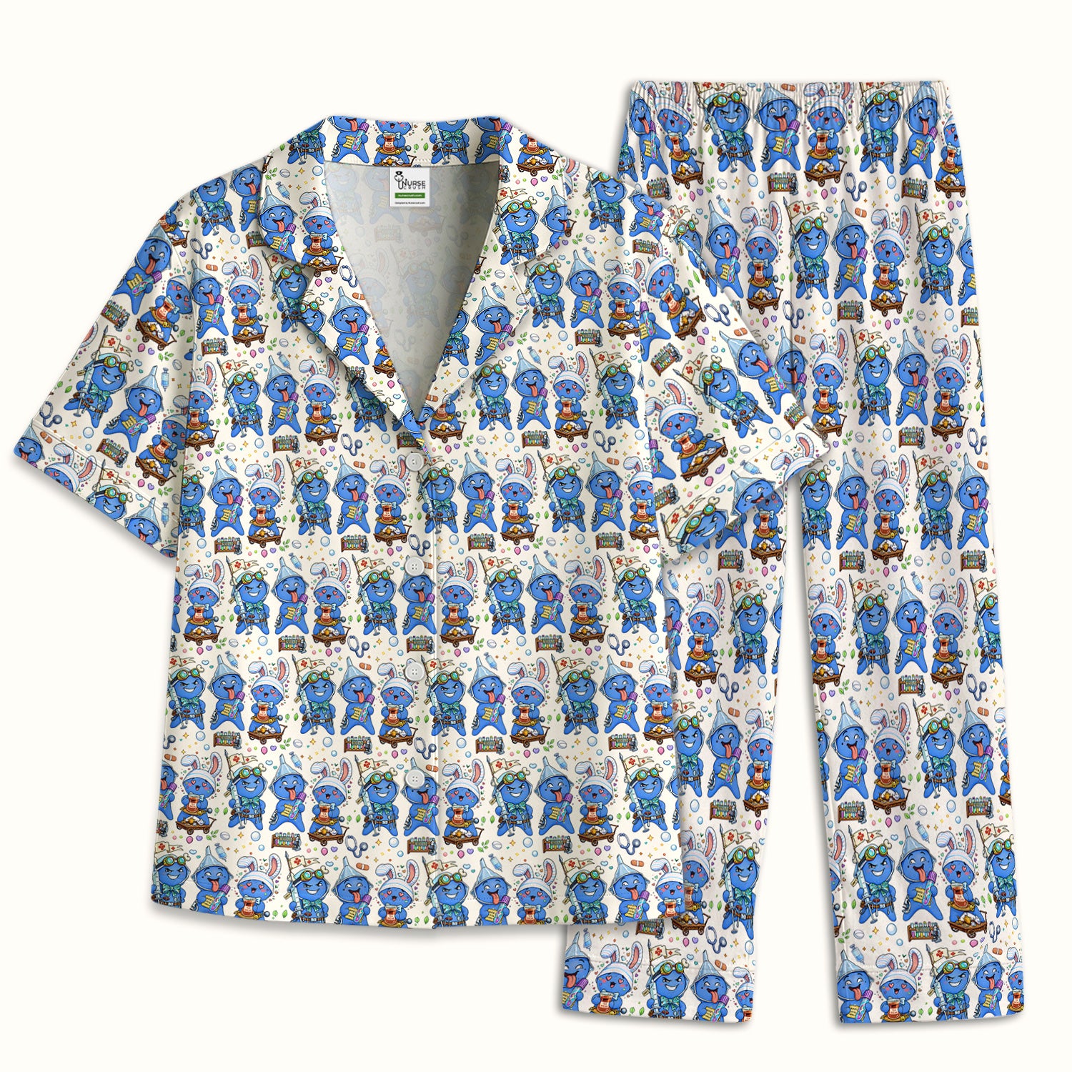 Cute Glove Doll Hospital Medical Cartoon Nurse Pattern Pajama Set, Breathable Fabrics Uniform