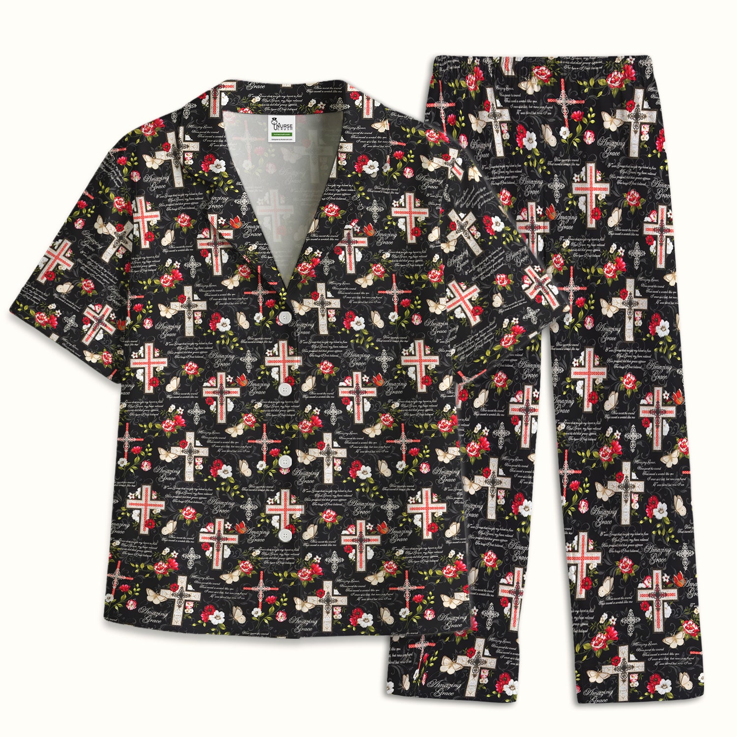 Christian Cross Roses And Butterflies Print Pajama Set, Soft Breathable Fabric Comfortable Sleepwear