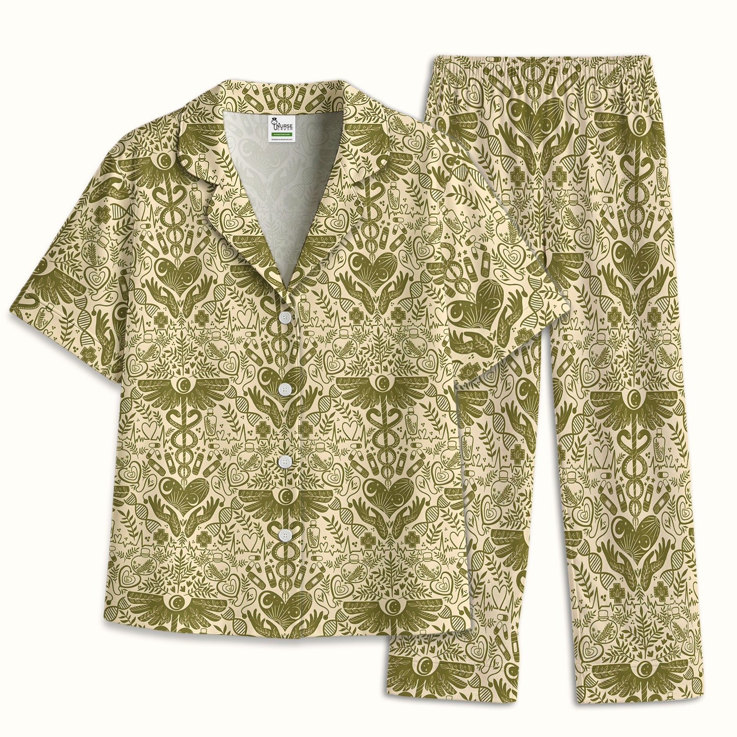 Inspirational Botanical Medical Caduceus Heart Nurse Pattern Pajama Set, Breathable Fabrics Uniform