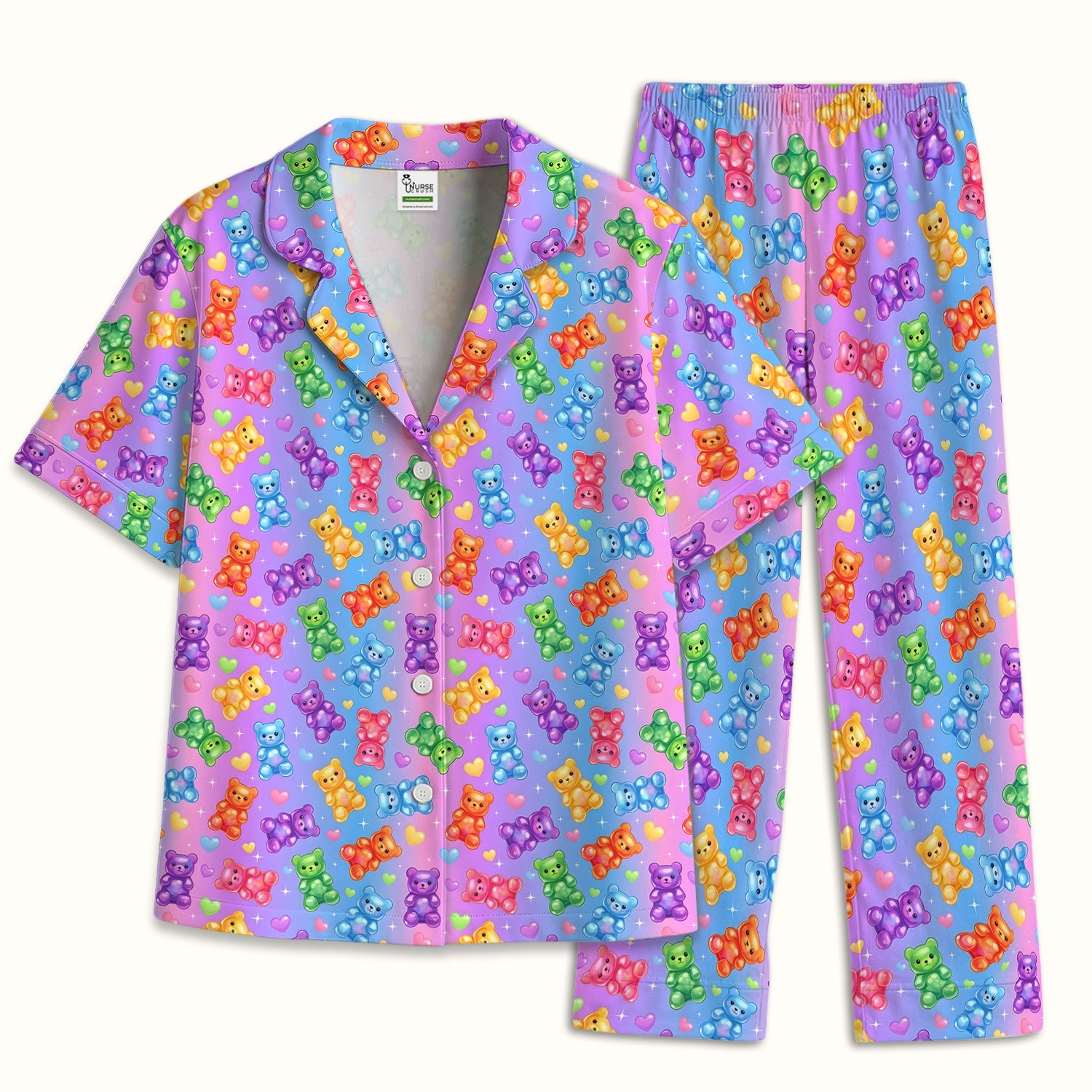 Colorful Gummy Bear Pattern Pajama Set, Breathable Fabrics Uniform