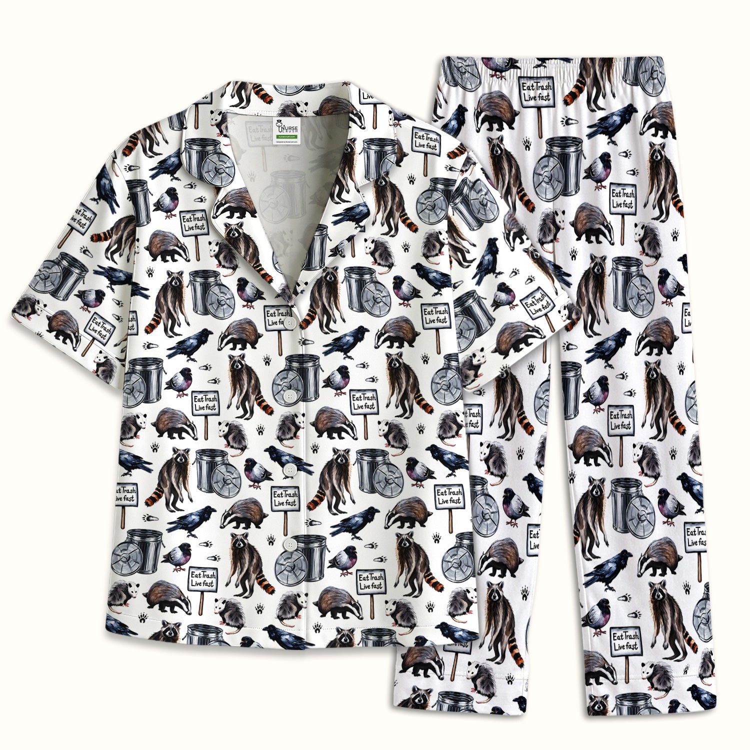 Raccoon And Opossum Eat Trash Live Fast Pattern Pajama Set, Breathable Fabrics Uniform