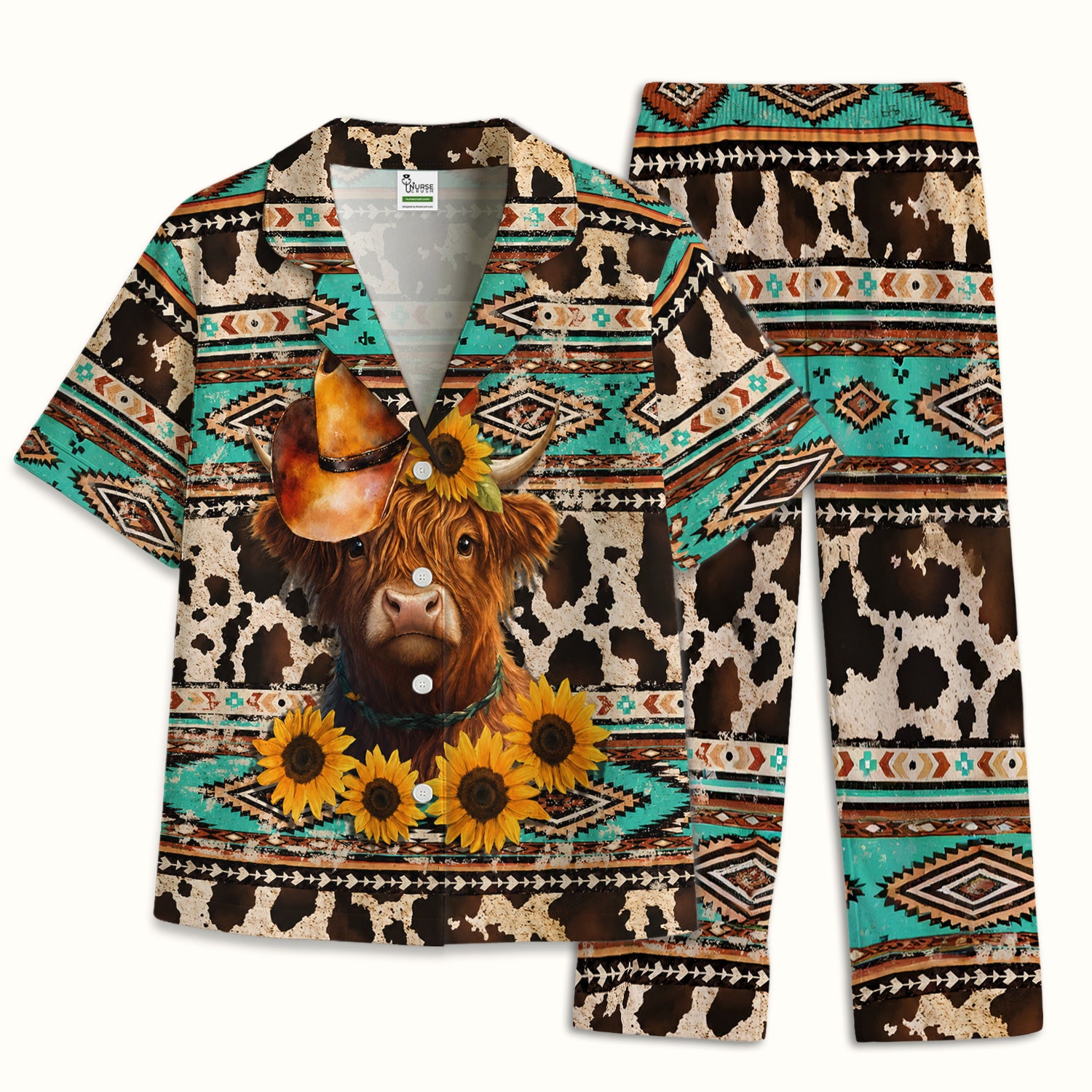 Western Highland Cow Sunflowers Print Pajama Set, Soft Breathable Fabric Comfortable Sleepwear